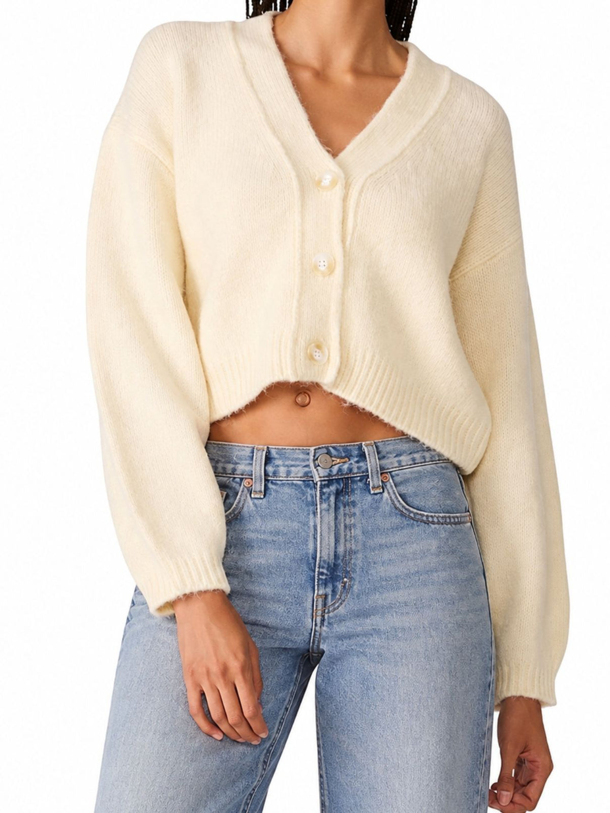 Steve Madden Mica V-Neck Cropped Cardigan in Cream