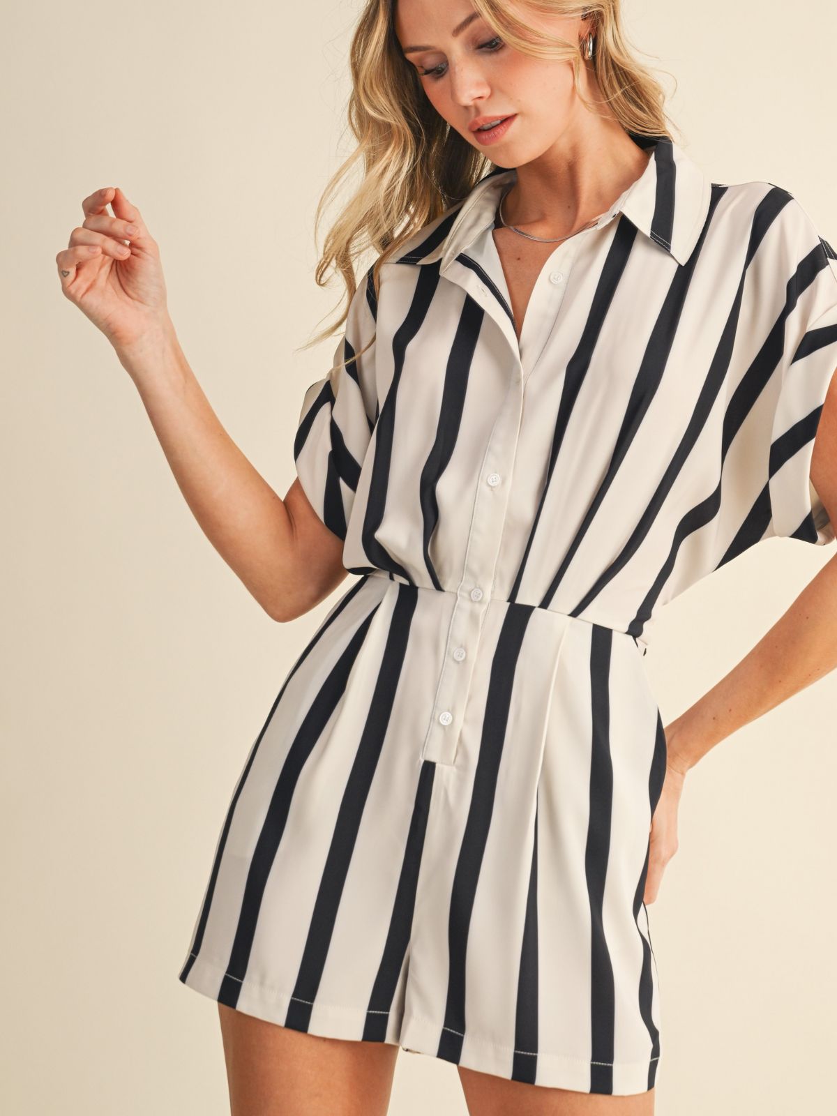 Stripe Print Romper in Cream/Black