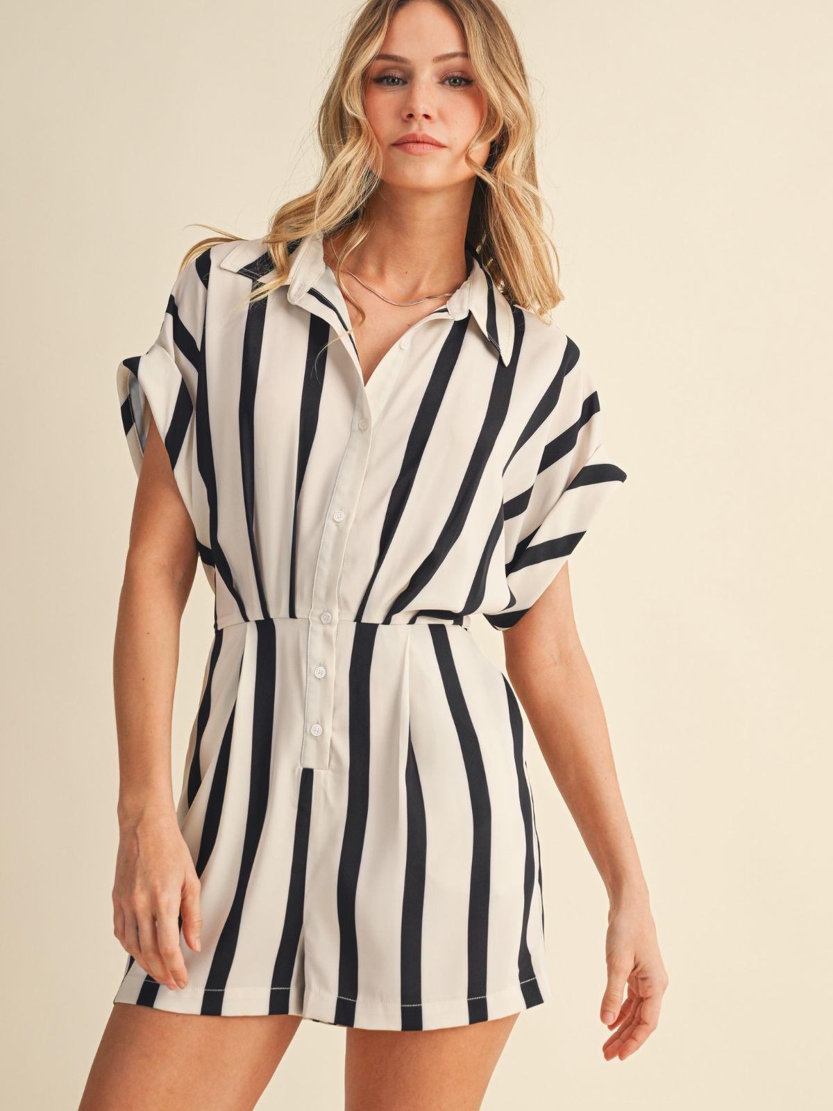 Stripe Print Romper in Cream/Black
