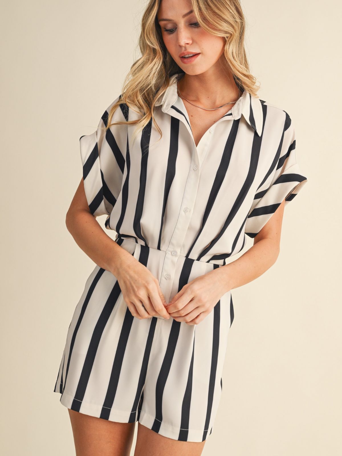 Stripe Print Romper in Cream/Black