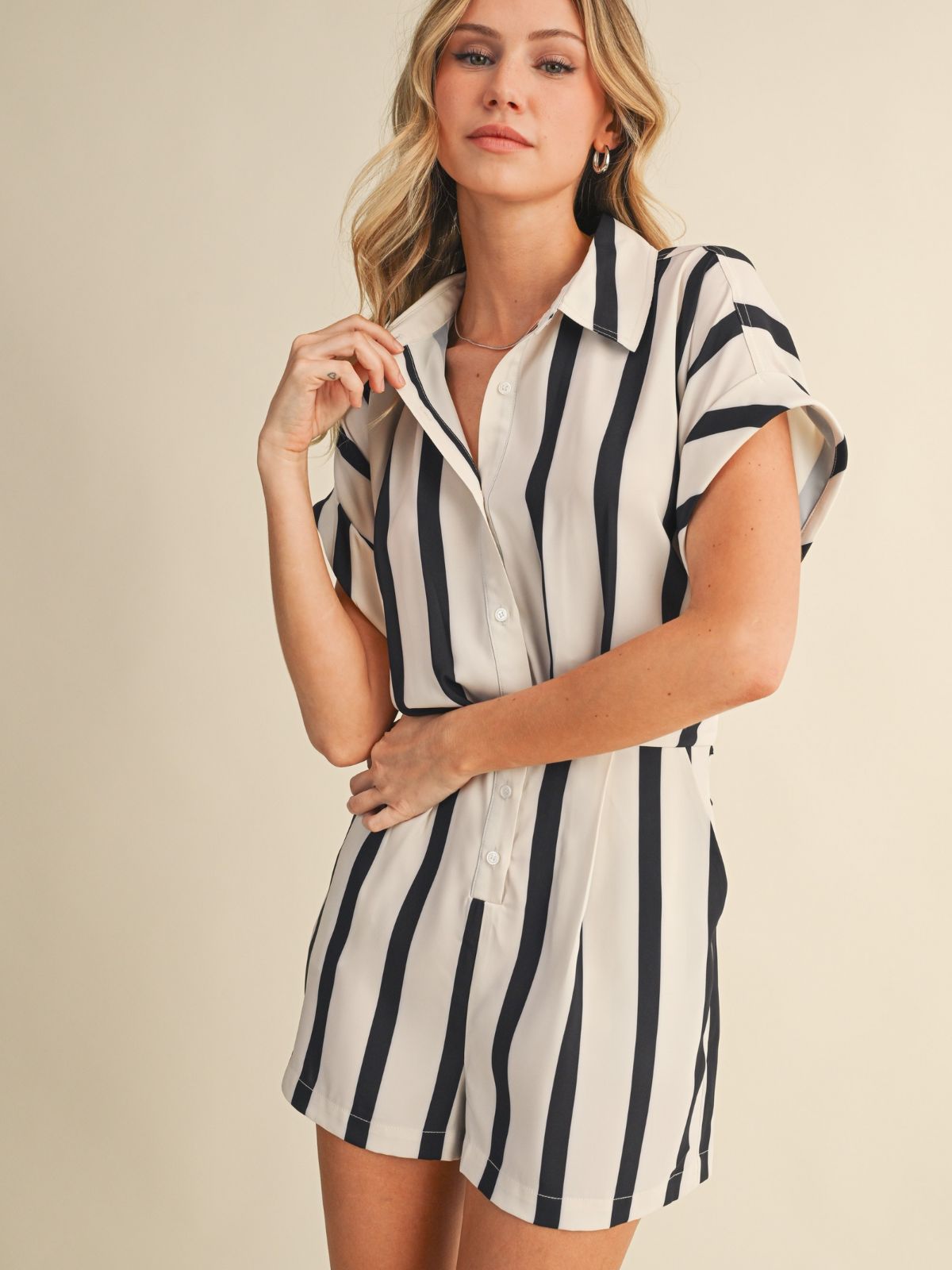 Stripe Print Romper in Cream/Black