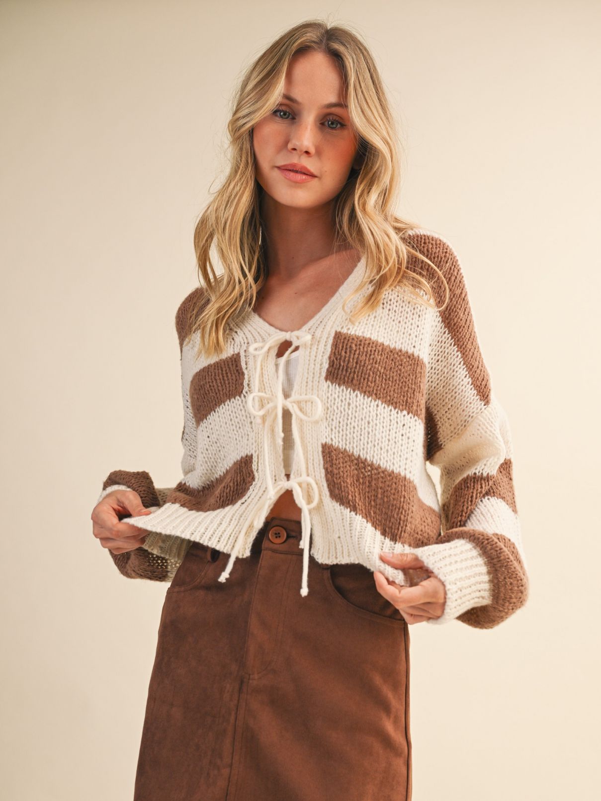 Striped Cardigan in Cream/Brown