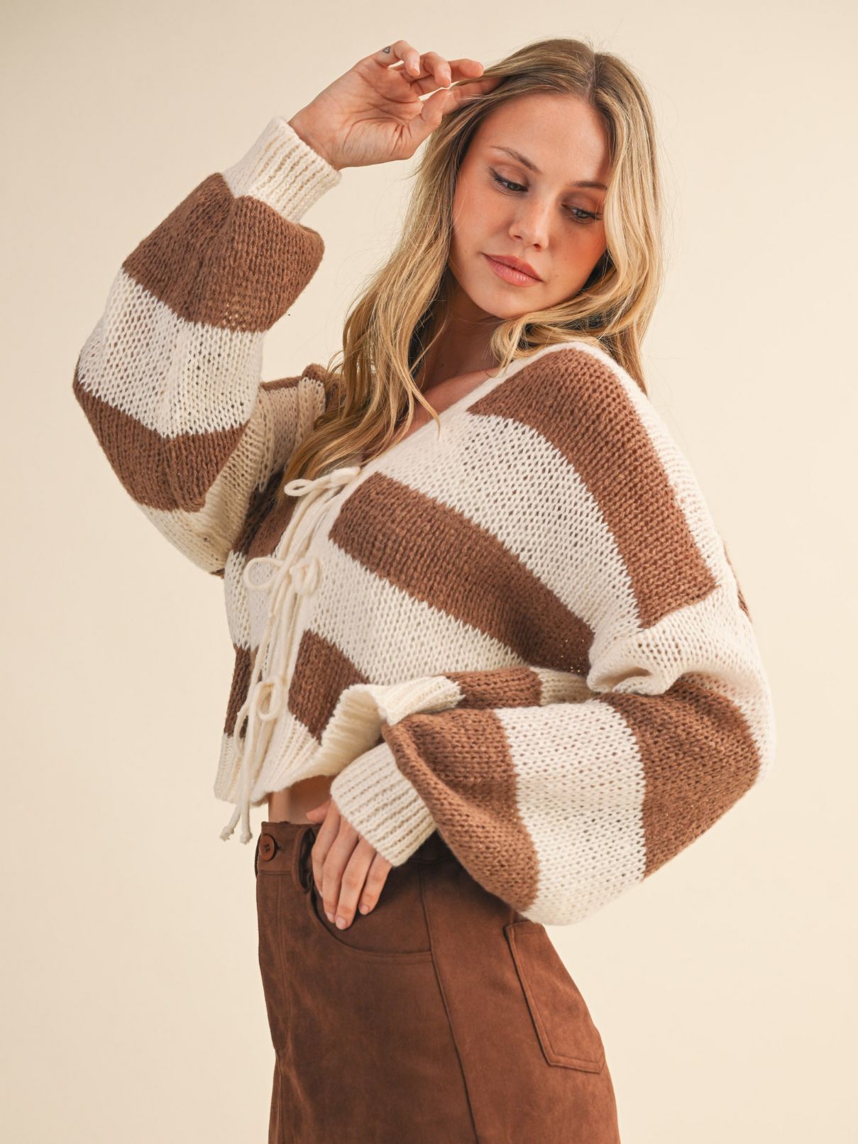 Striped Cardigan in Cream/Brown