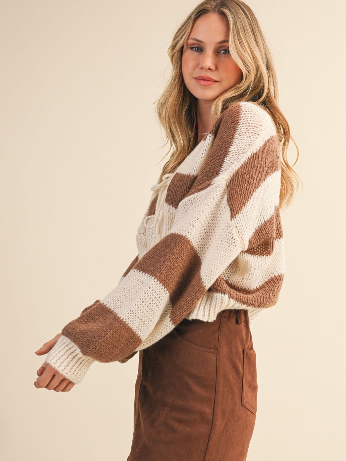 Striped Cardigan in Cream/Brown