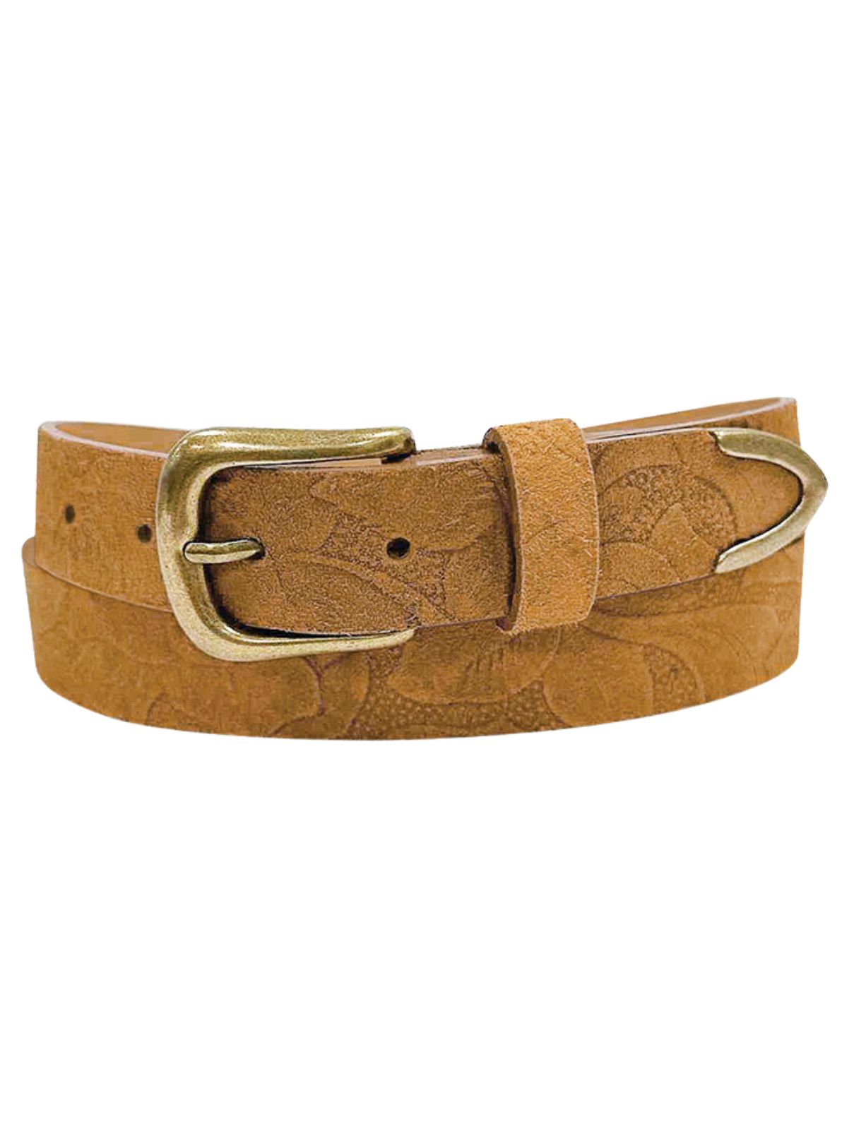 Suede Flower Embossed Leather Belt – Tan