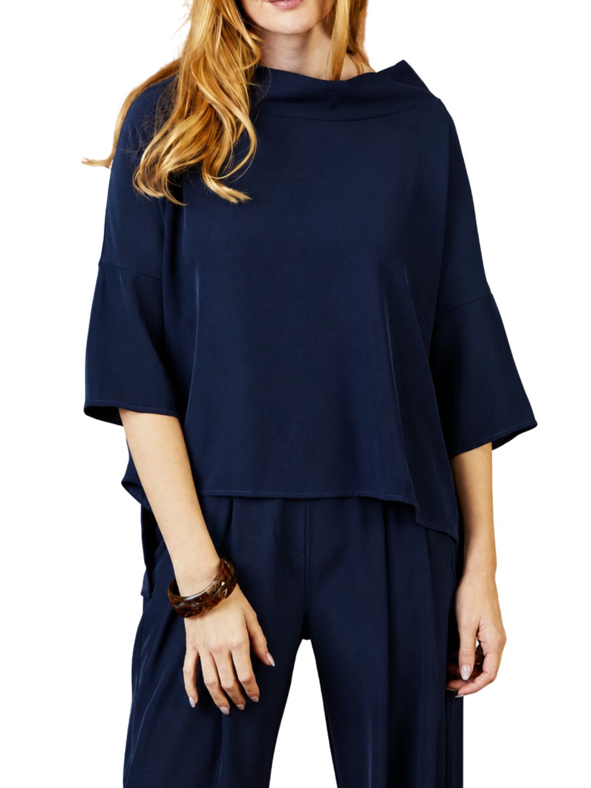 Suzy D London Audrey Cowl Neck Hi-Lo Drape Top – Navy