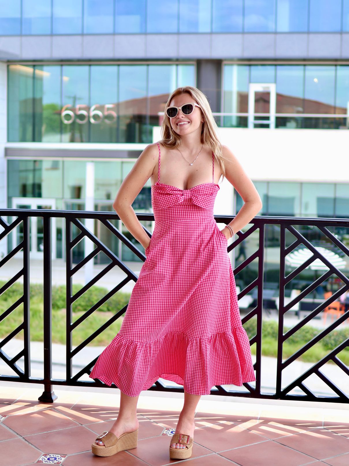 THML Bow Gingham Midi Dress in Pink