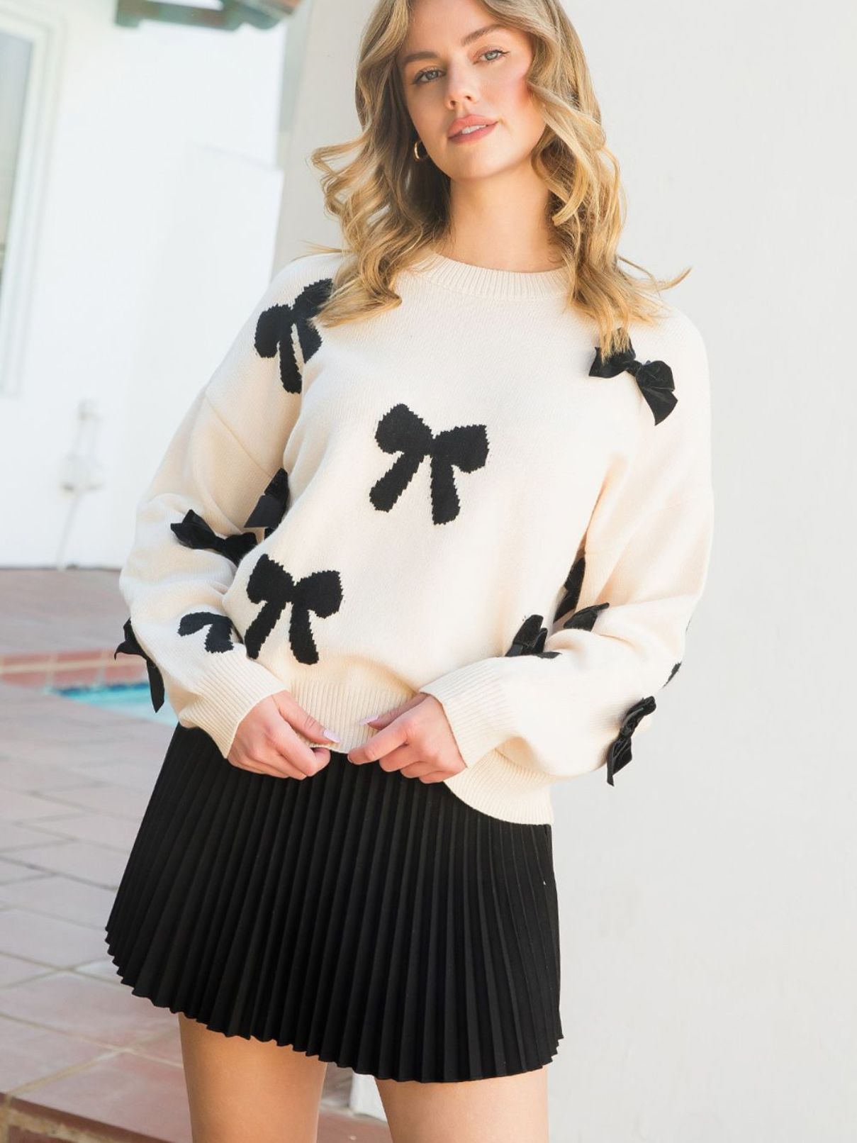 THML Bow Knit Sweater in Cream