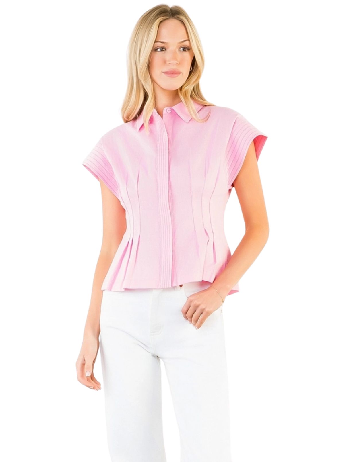 THML Button Down Collared Top in Pink