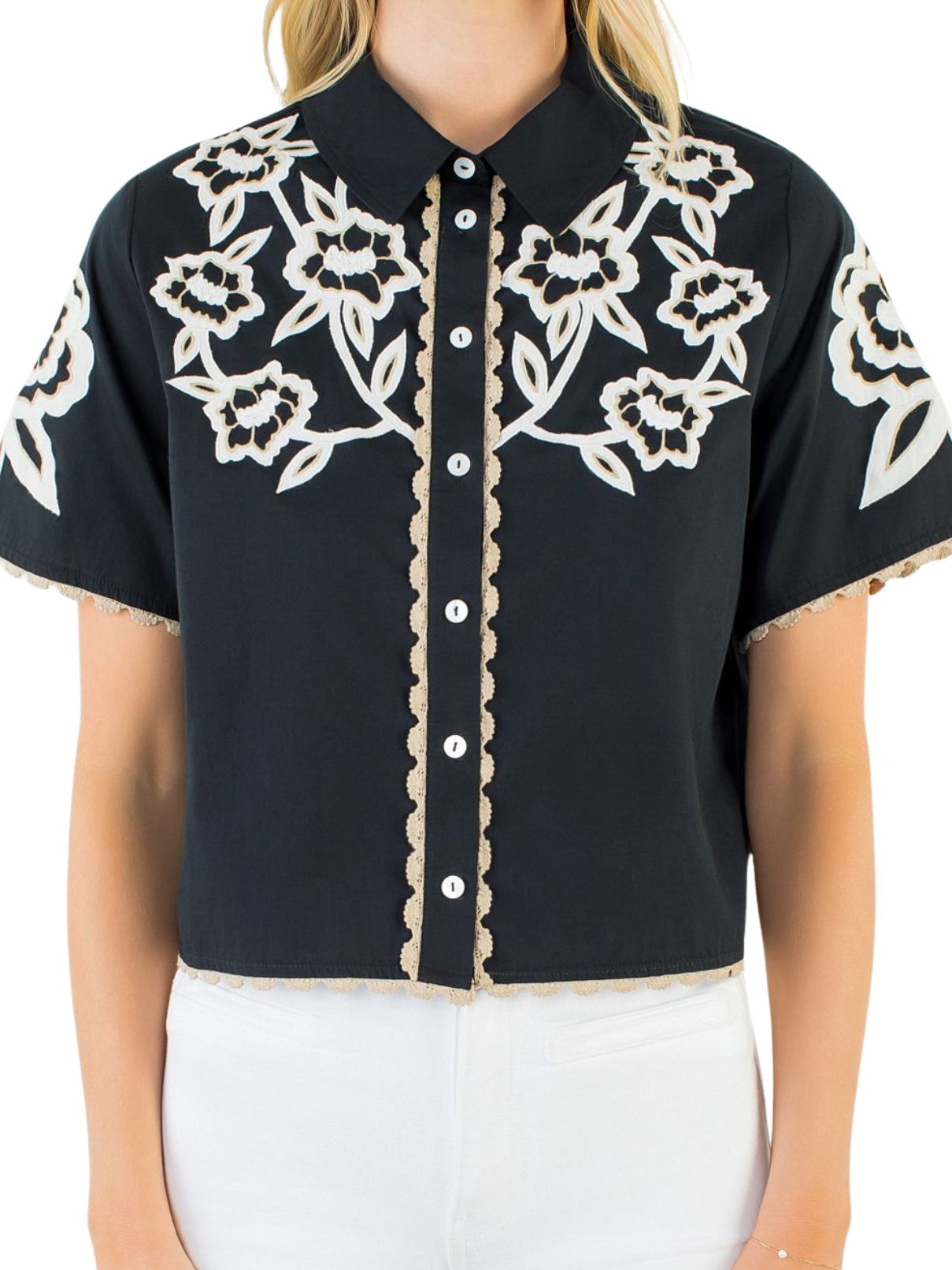THML Collared Button Up Embroidery Top – Black