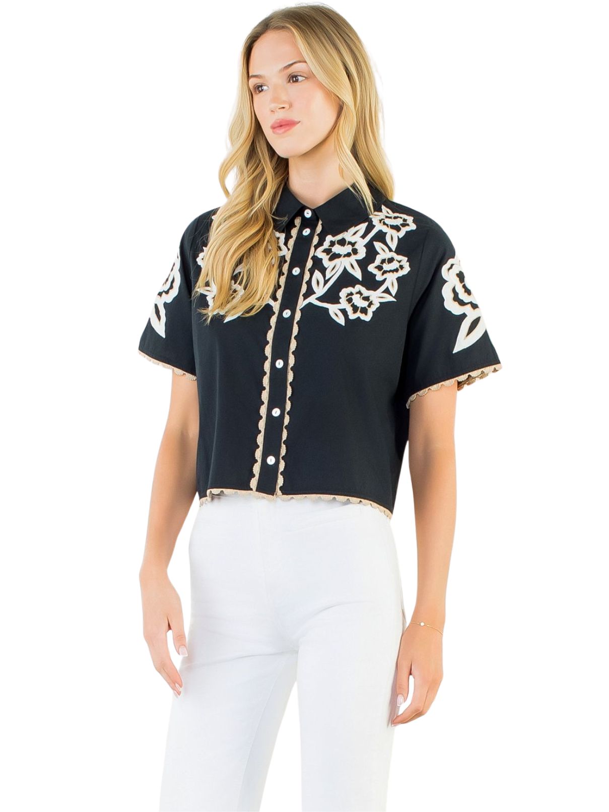 THML Collared Button Up Embroidery Top – Black