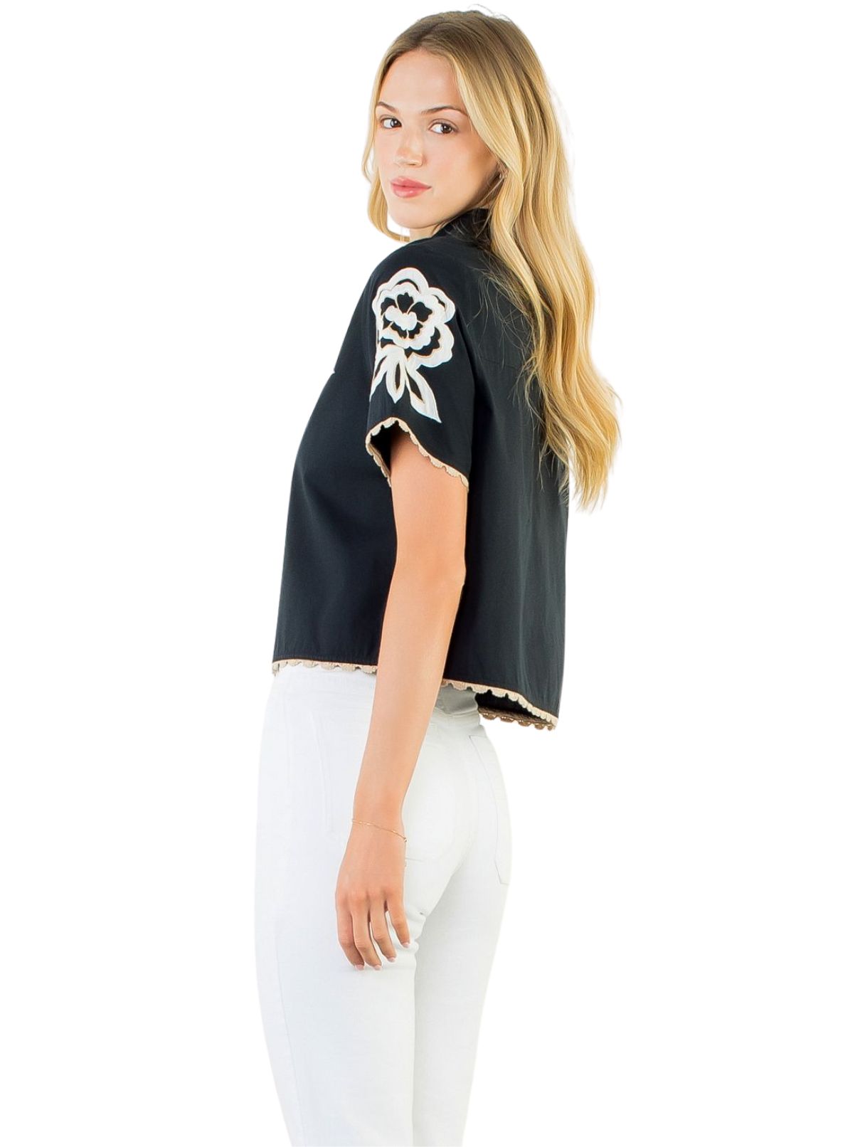 THML Collared Button Up Embroidery Top – Black