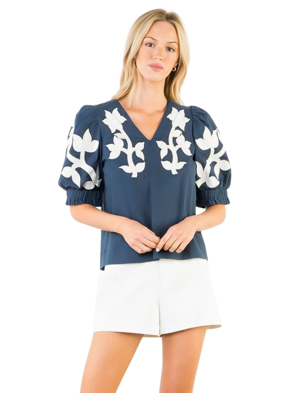 THML Embroidered Puff Sleeve Top in Navy