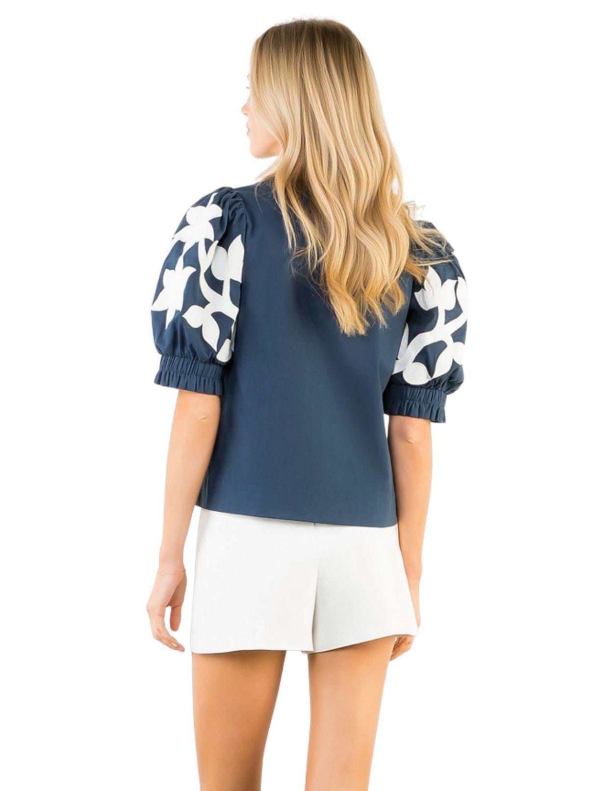 THML Embroidered Puff Sleeve Top in Navy