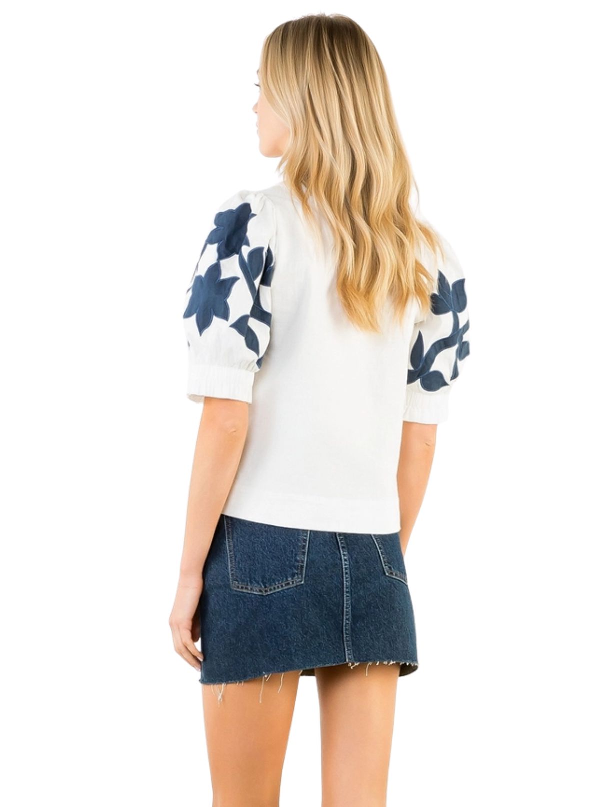 THML Embroidered Puff Sleeve Top in White