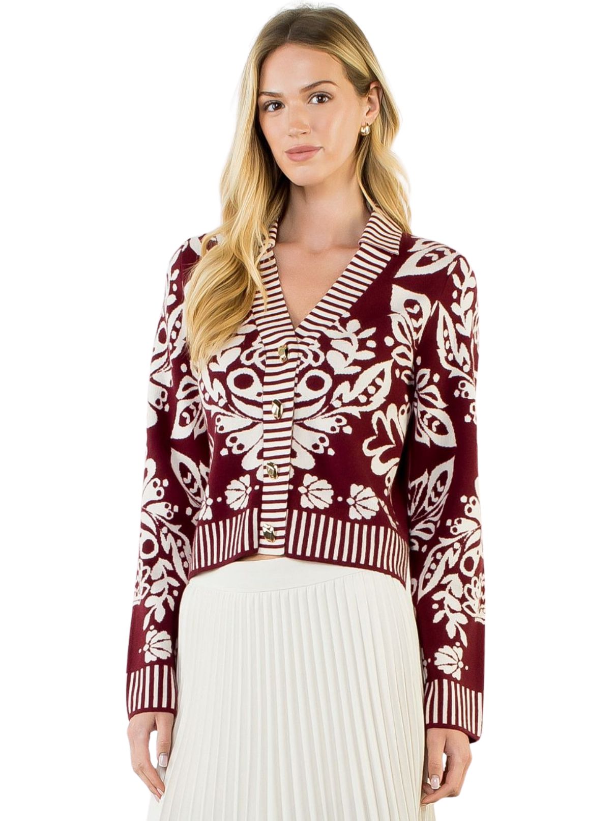 THML Floral Cardigan with Gold Buttons – Burgundy