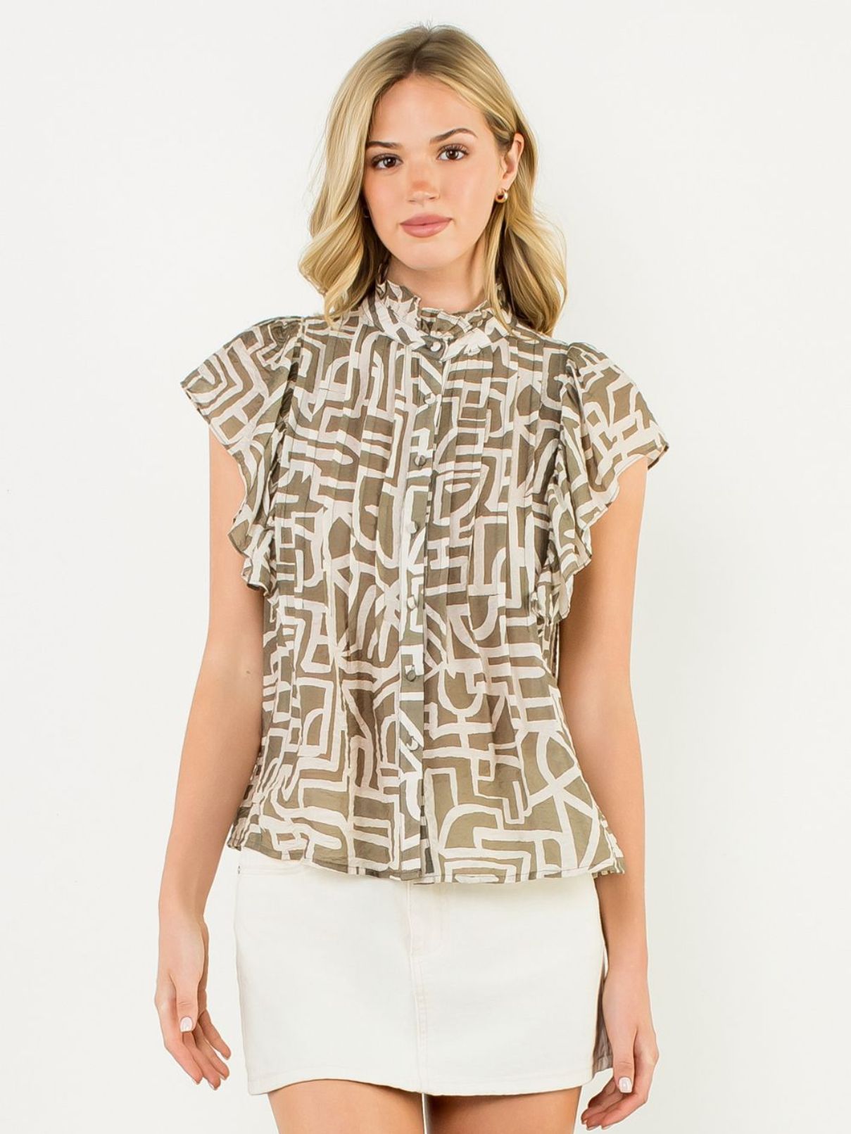 THML Flutter Sleeve Button Up Top in Tan