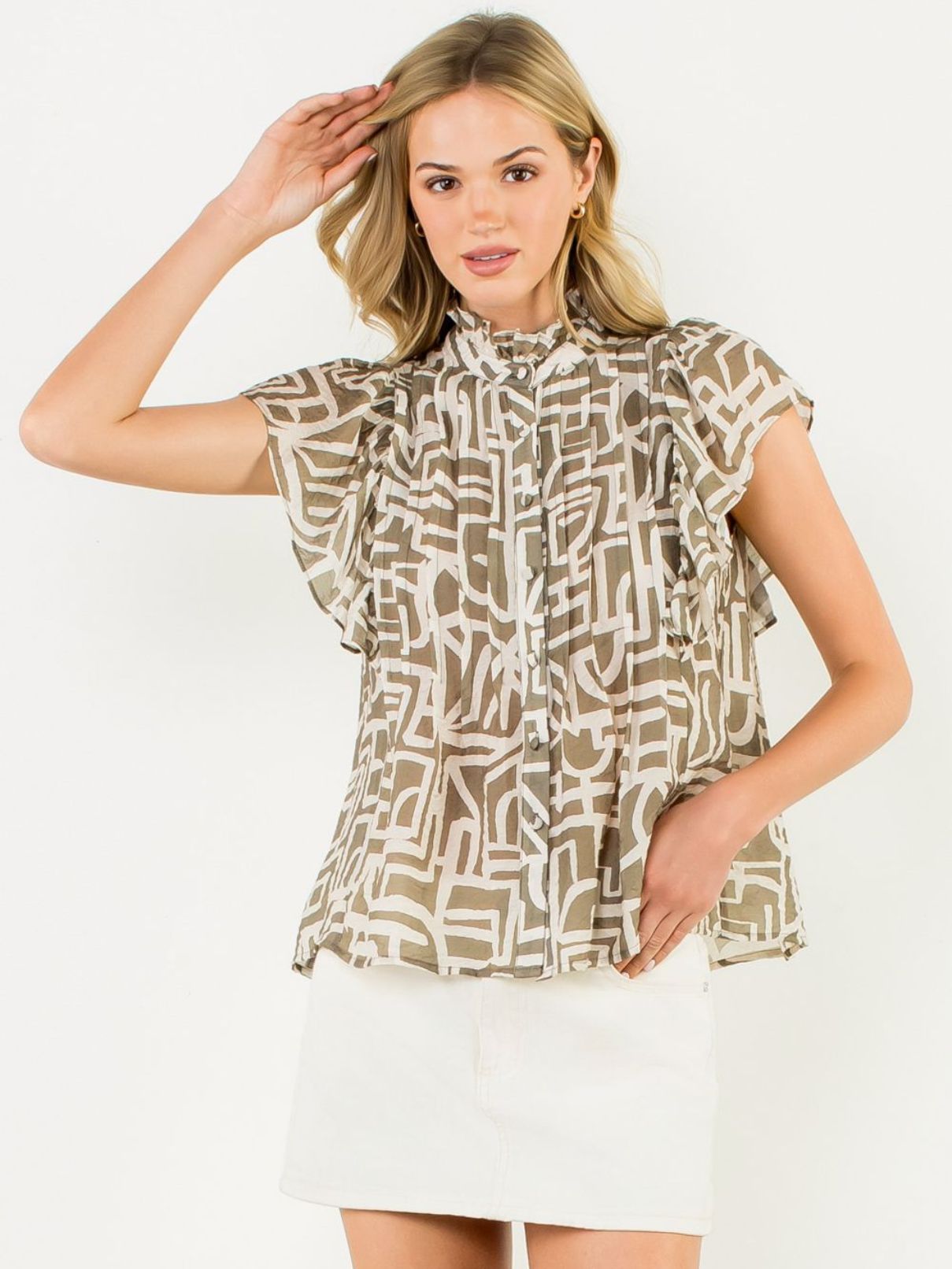 THML Flutter Sleeve Button Up Top in Tan