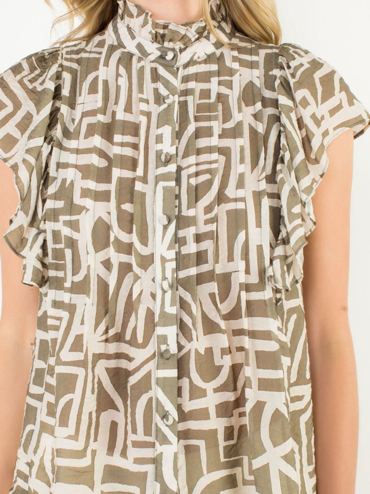 THML Flutter Sleeve Button Up Top in Tan