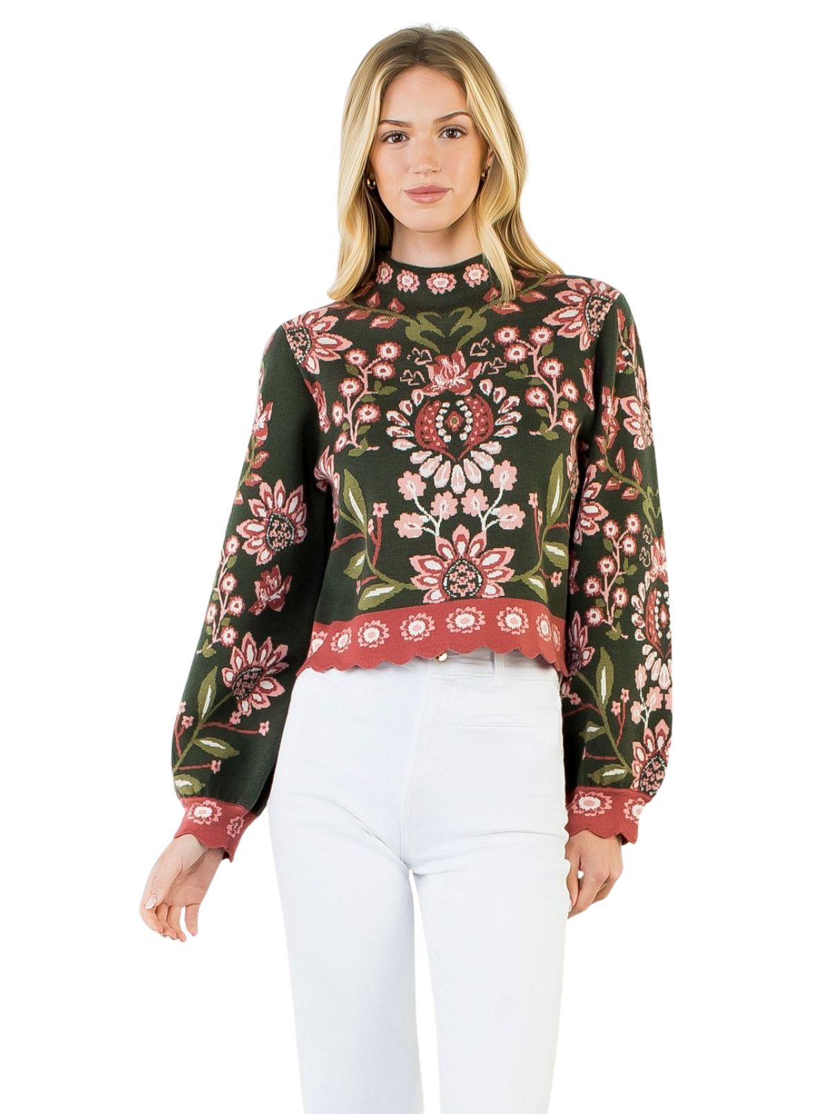THML High Neck Long Sleeve Floral Sweater – Olive