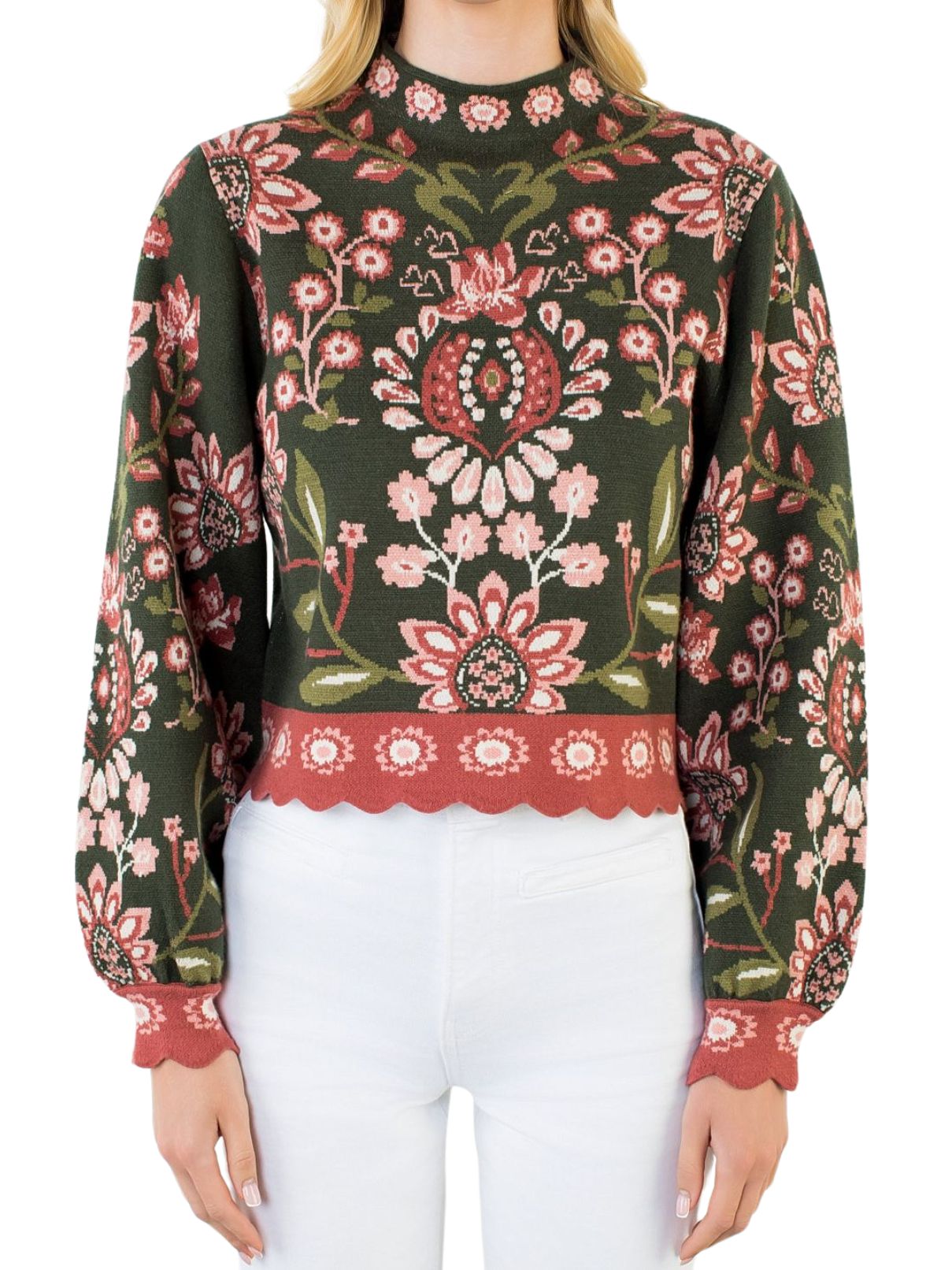 THML High Neck Long Sleeve Floral Sweater – Olive