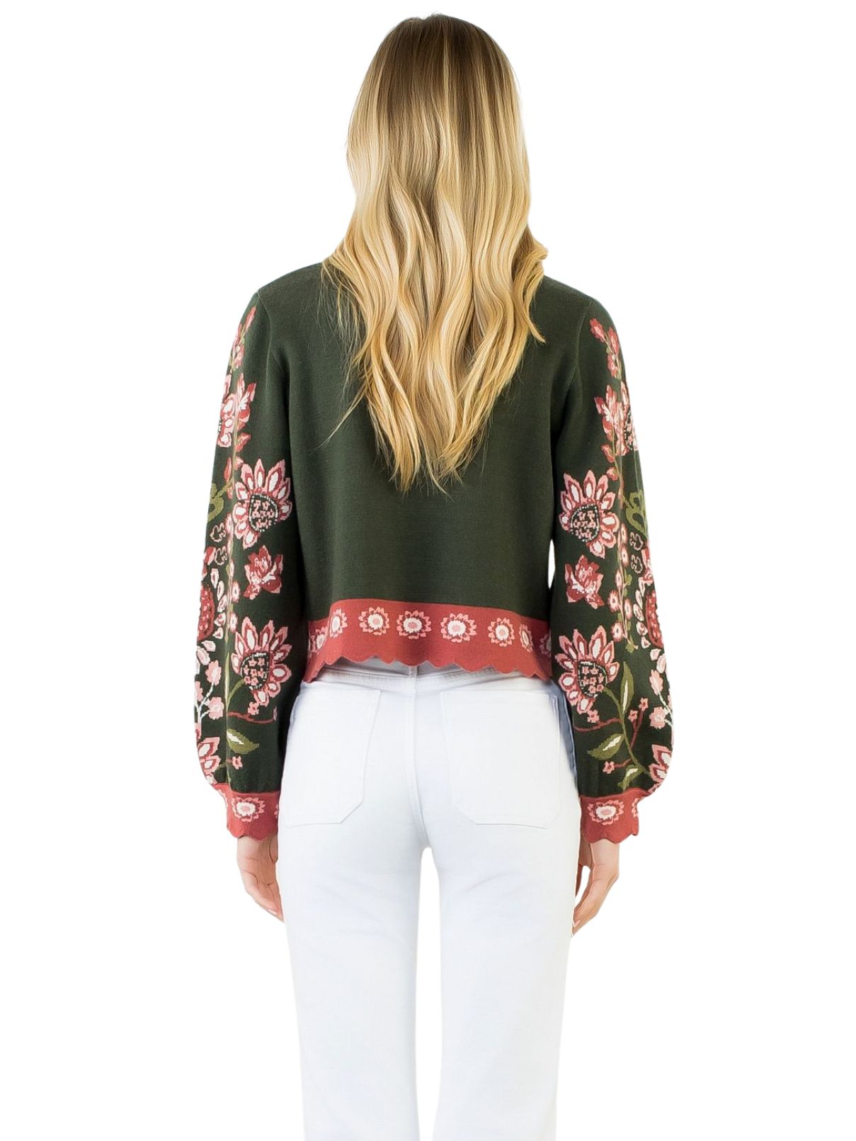 THML High Neck Long Sleeve Floral Sweater – Olive