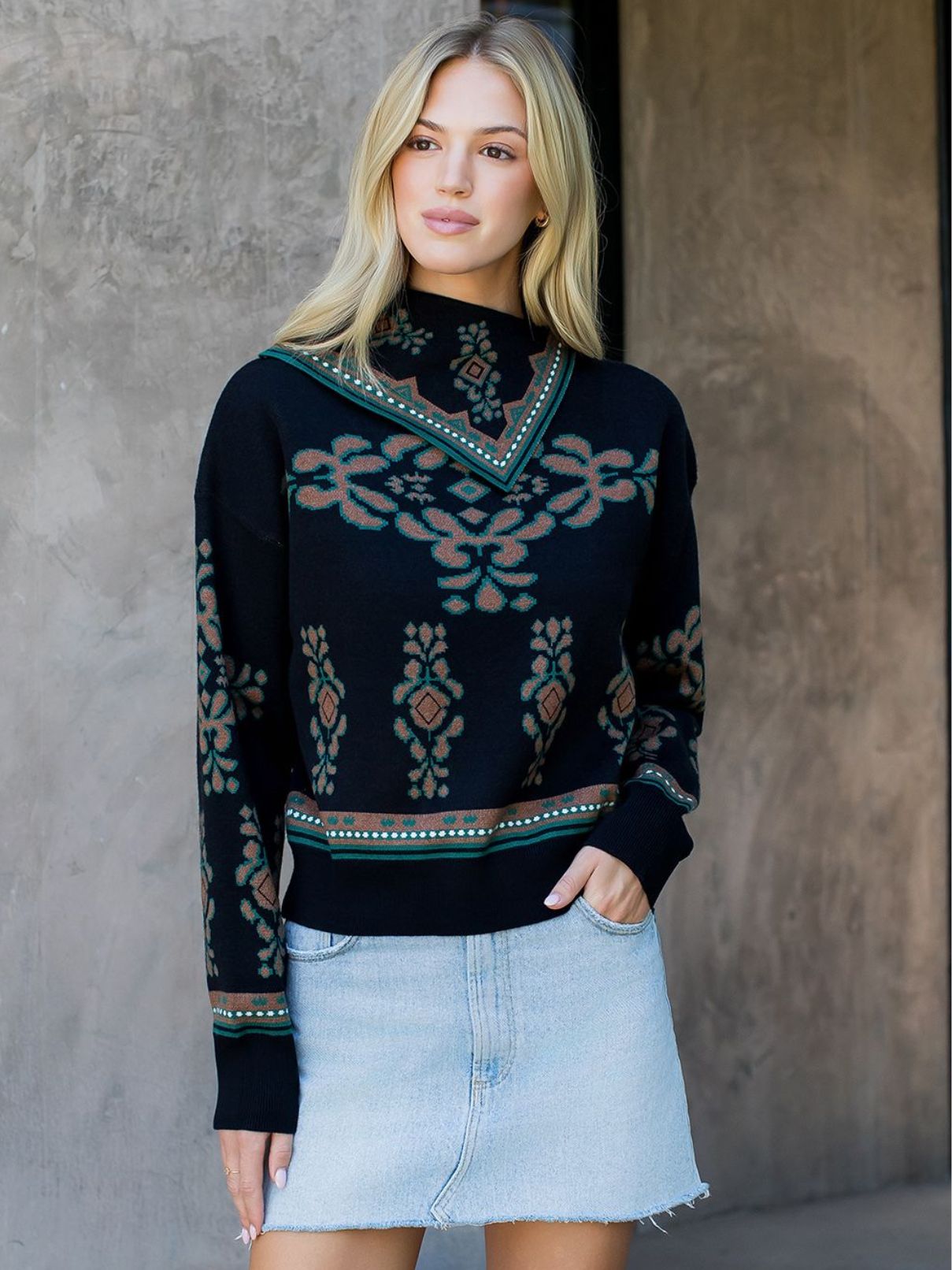 THML L/S Print Sweater in Black