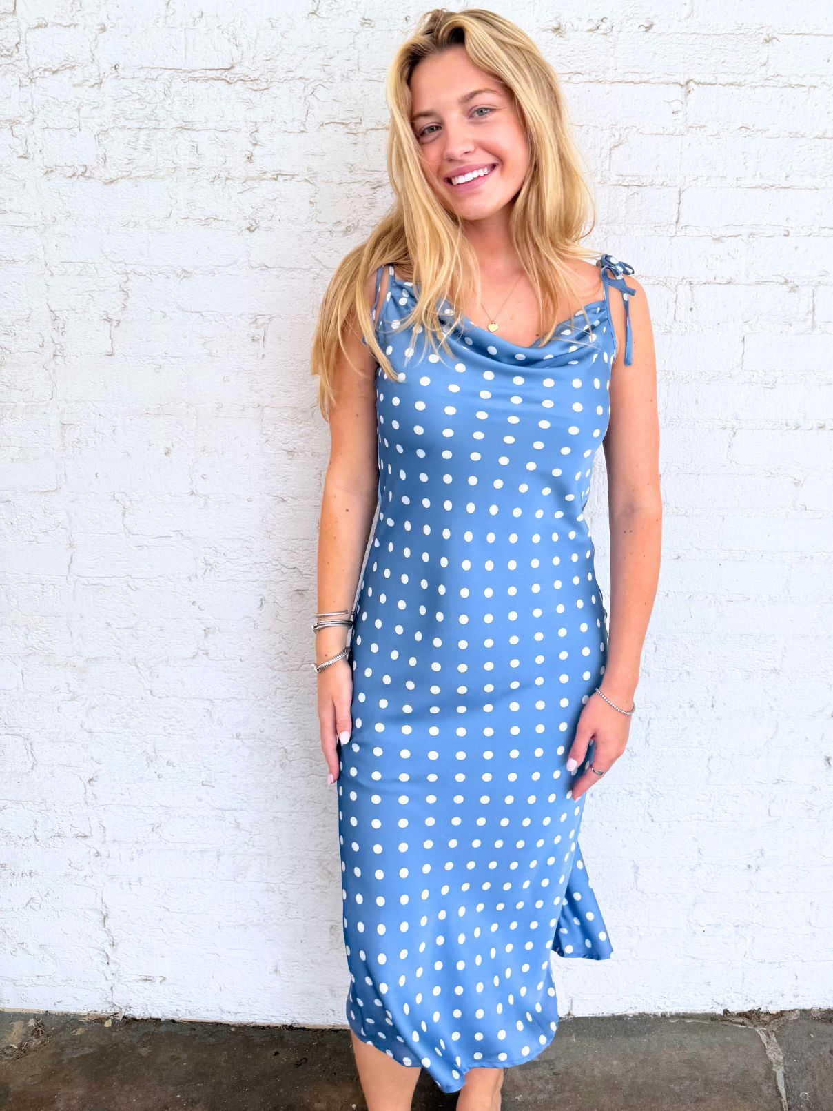 THML Polka Dot Midi Dress with Tie Straps in Blue