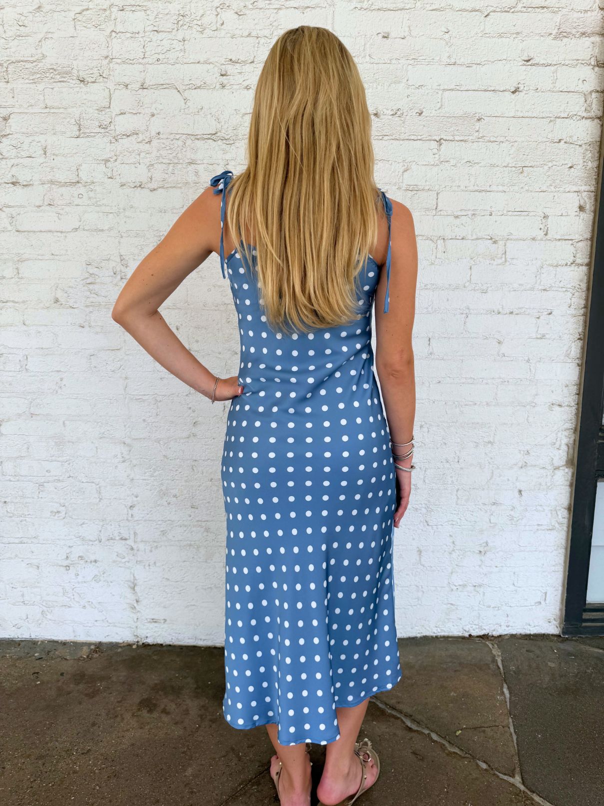 THML Polka Dot Midi Dress with Tie Straps in Blue