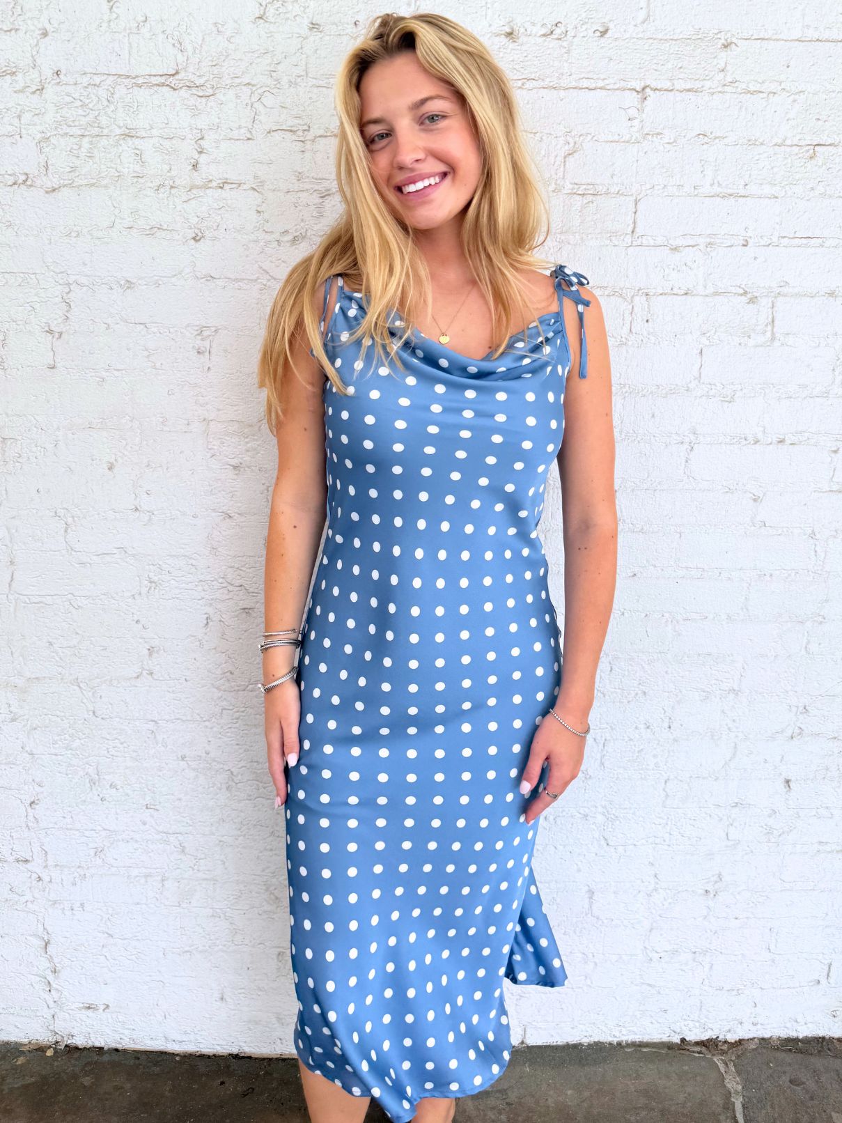 THML Polka Dot Midi Dress with Tie Straps in Blue