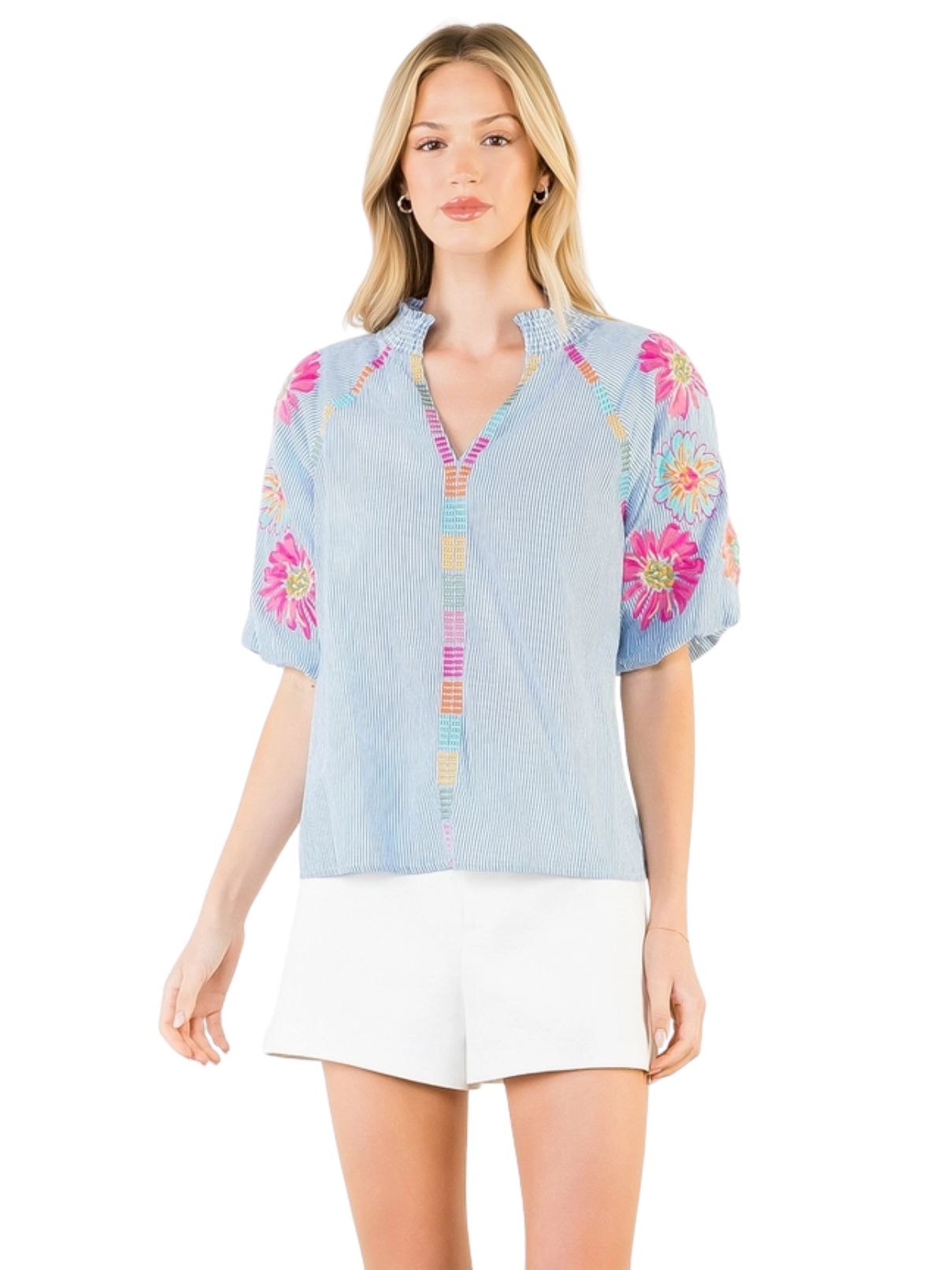 THML Puff Sleeve Embroidery Detail Striped Top