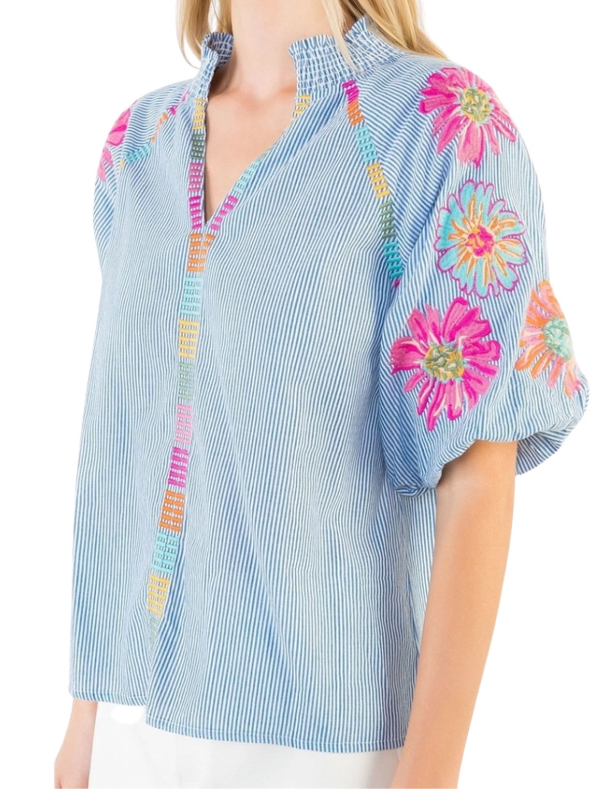 THML Puff Sleeve Embroidery Detail Striped Top