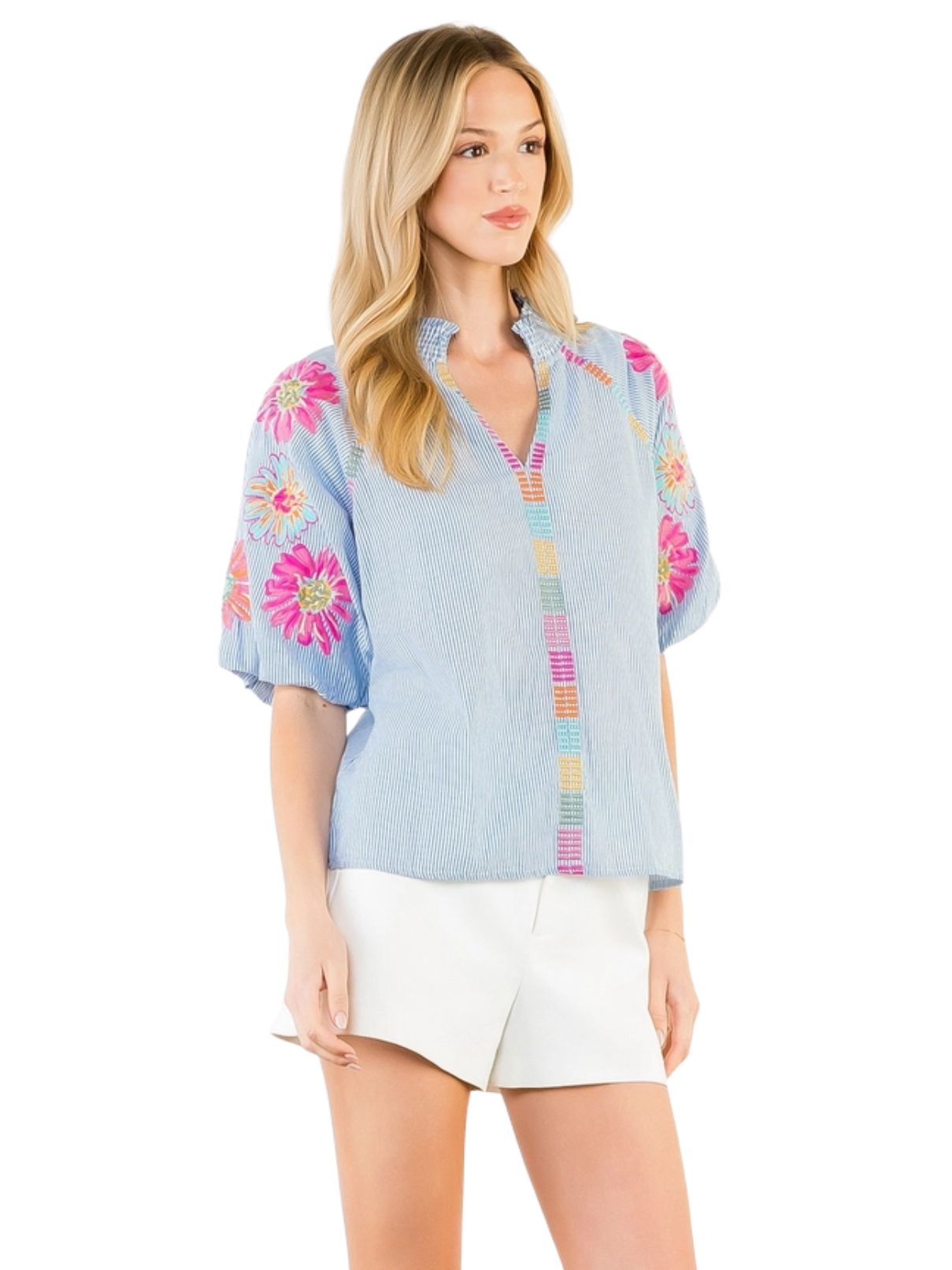 THML Puff Sleeve Embroidery Detail Striped Top