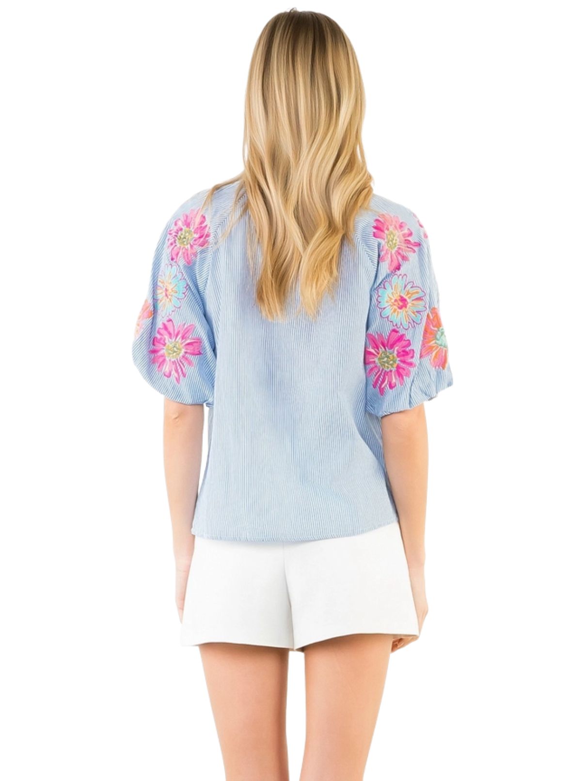 THML Puff Sleeve Embroidery Detail Striped Top