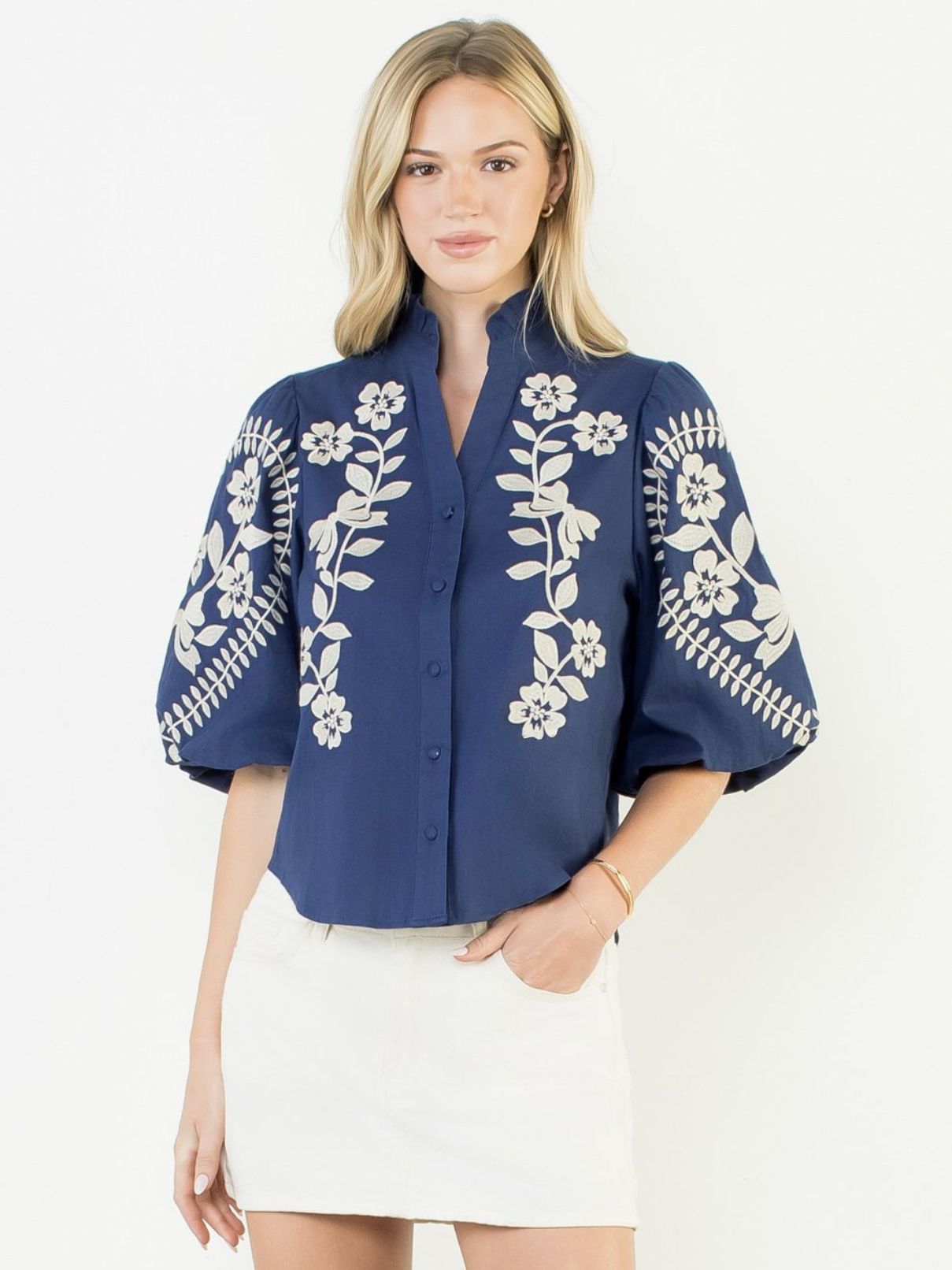 THML Puff Sleeve Floral Embroidered Top in Navy