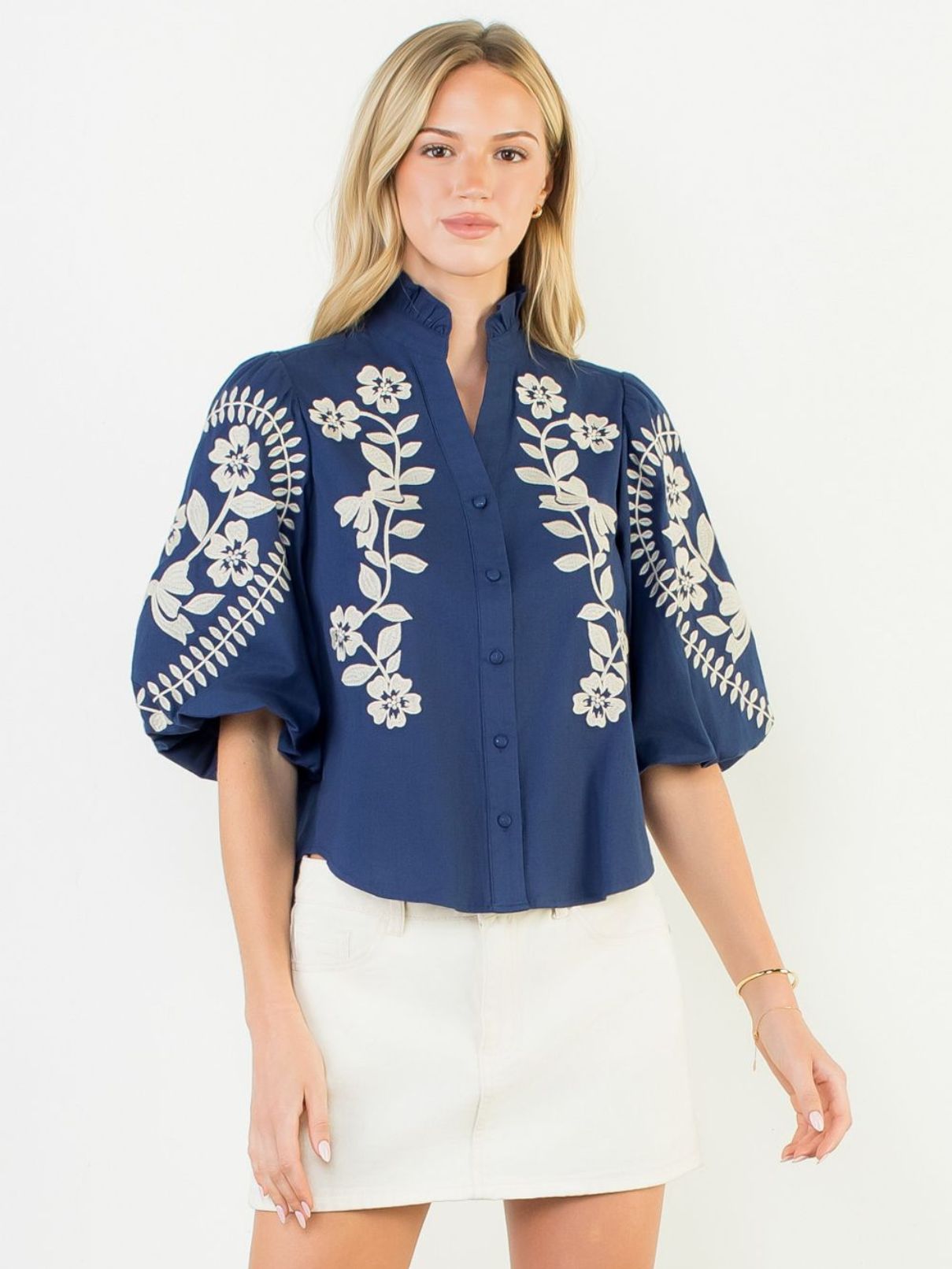 THML Puff Sleeve Floral Embroidered Top in Navy