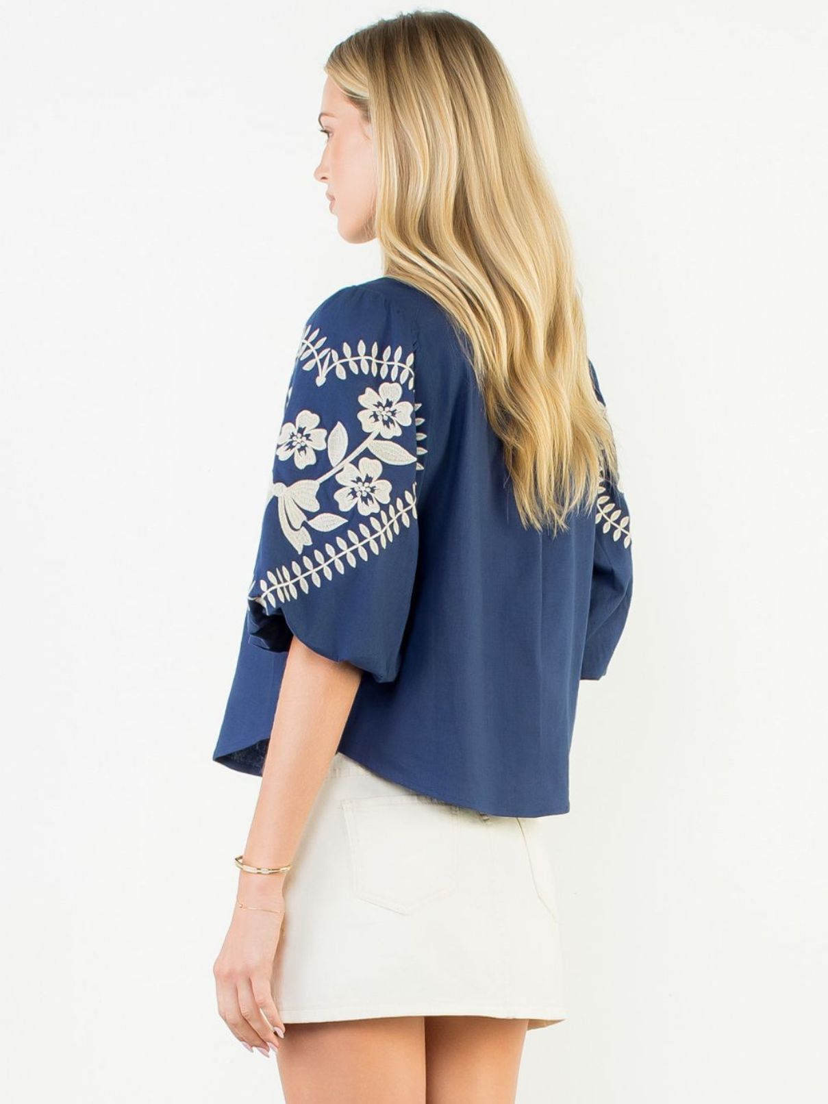 THML Puff Sleeve Floral Embroidered Top in Navy