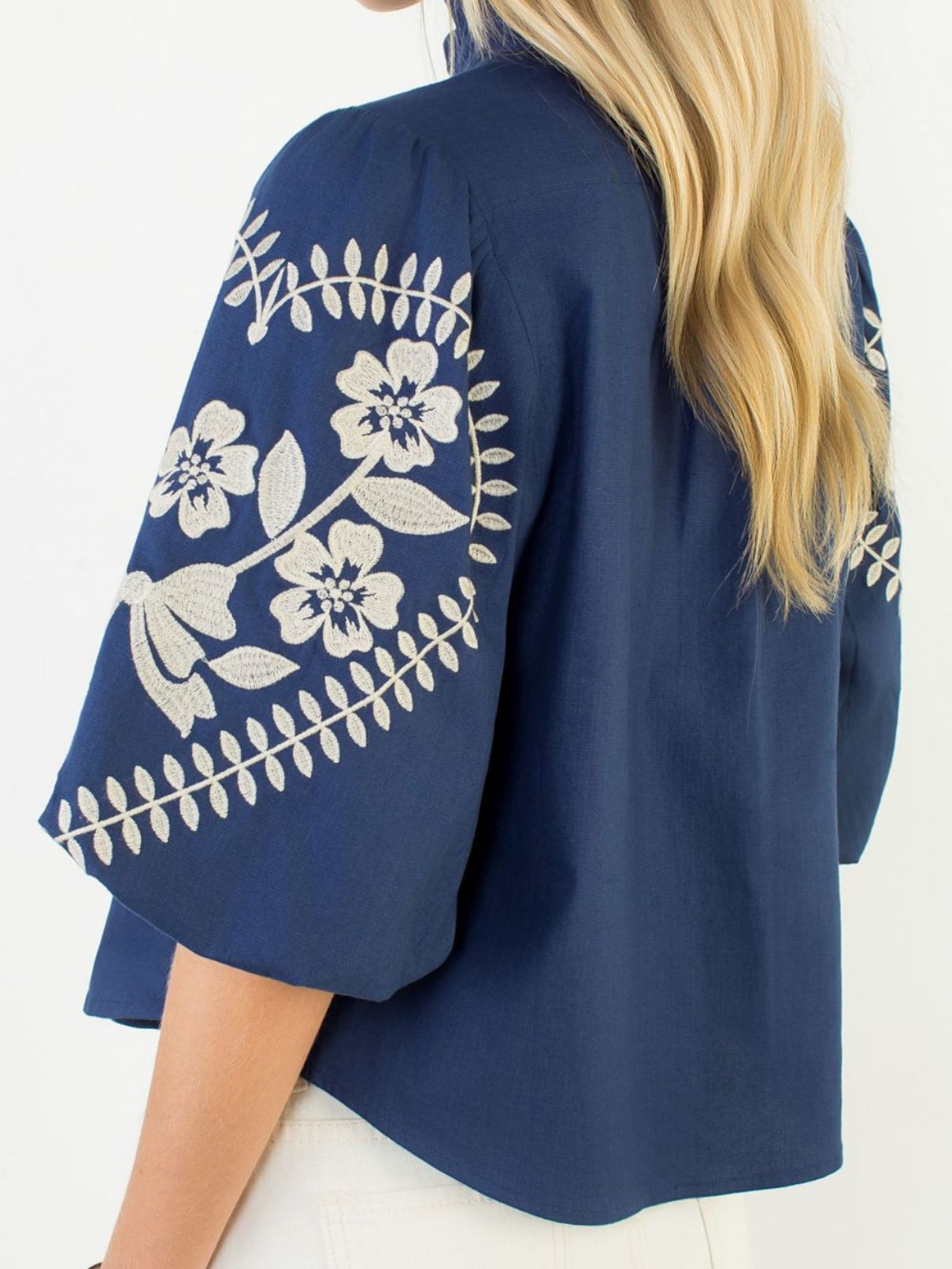 THML Puff Sleeve Floral Embroidered Top in Navy