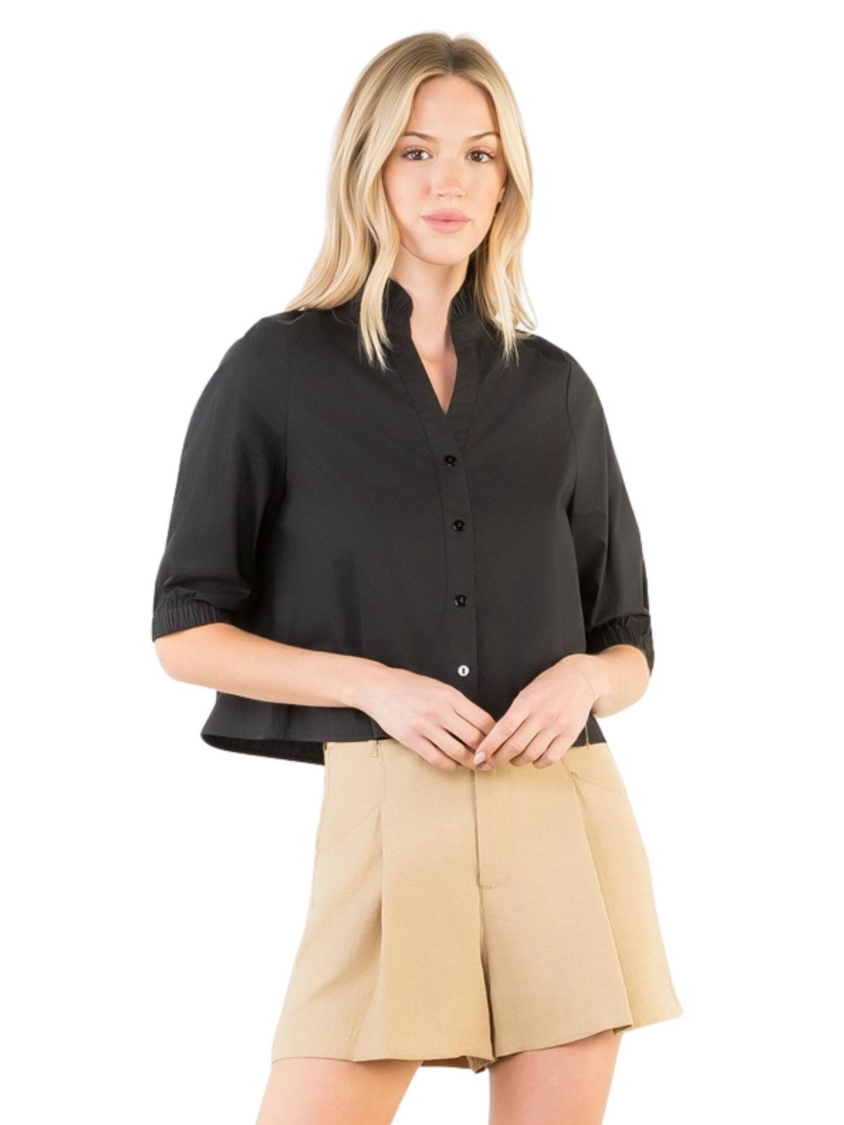 THML Short Sleeve Button Up V-Neck Top in Black