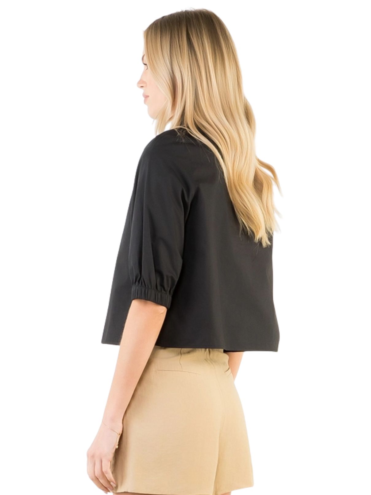 THML Short Sleeve Button Up V-Neck Top in Black