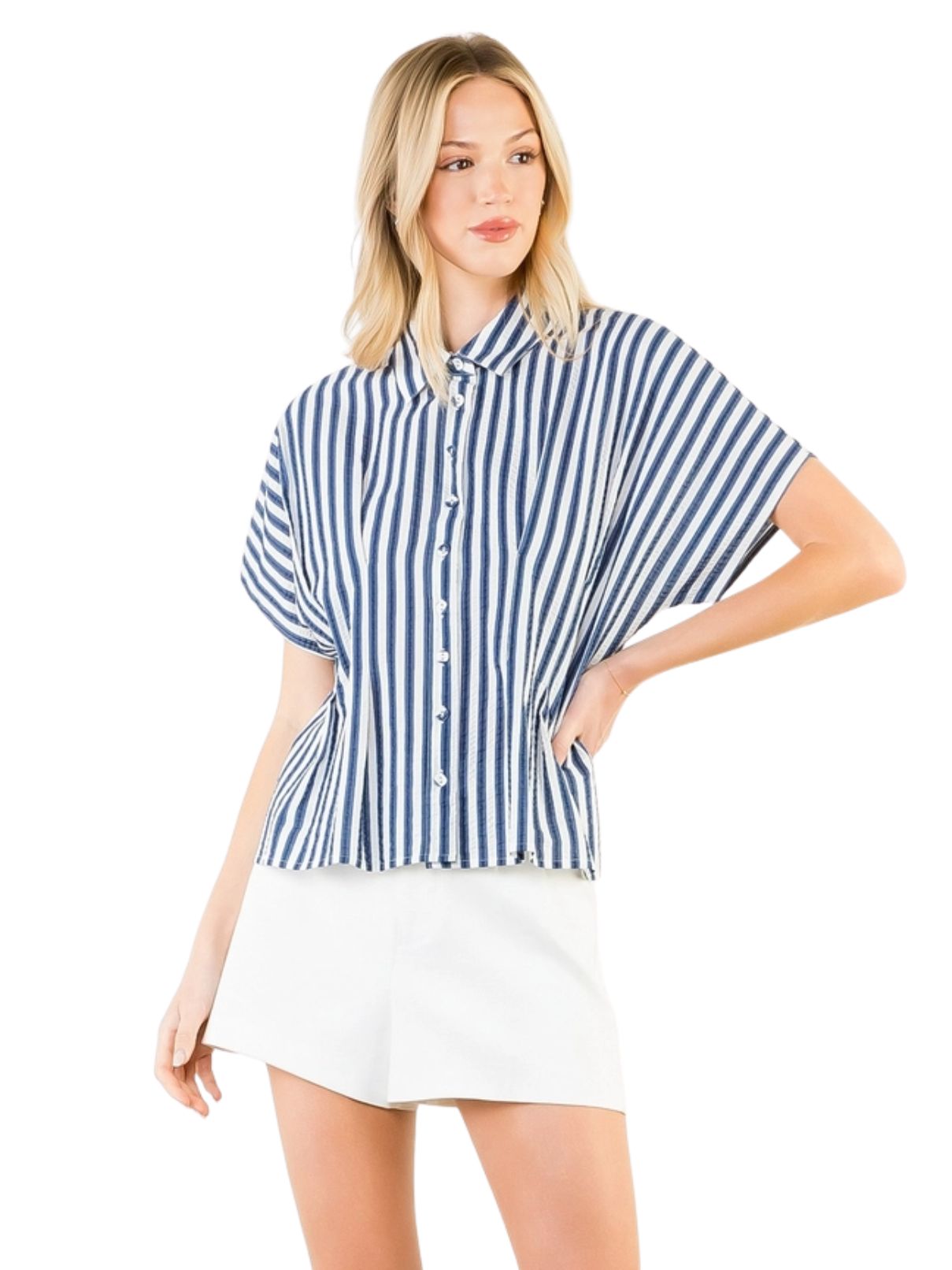 THML Short Sleeve Striped Button Up Top