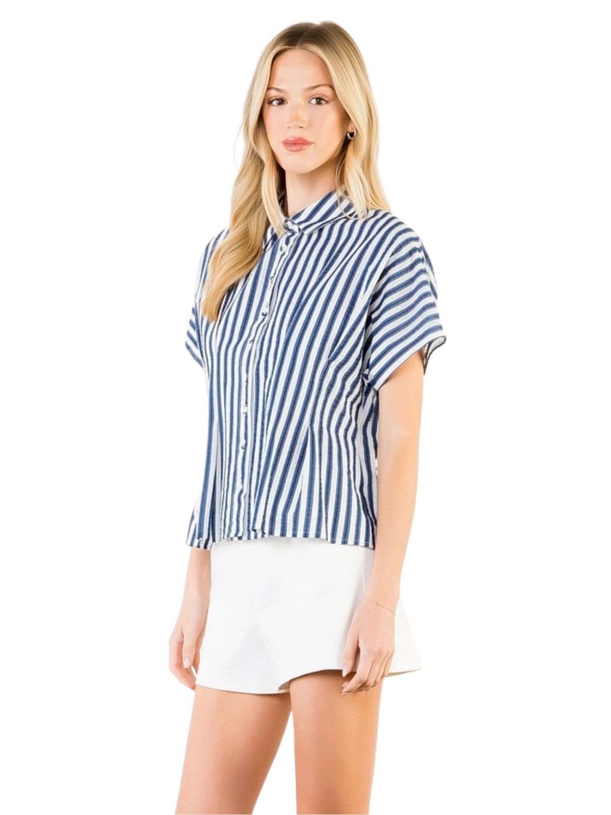 THML Short Sleeve Striped Button Up Top