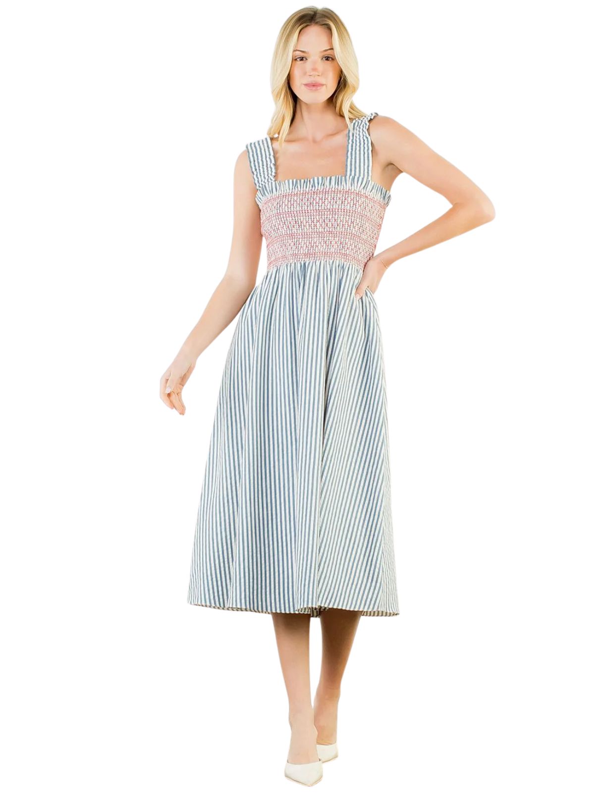 THML Strapped Stripe Dress in Red & Blue