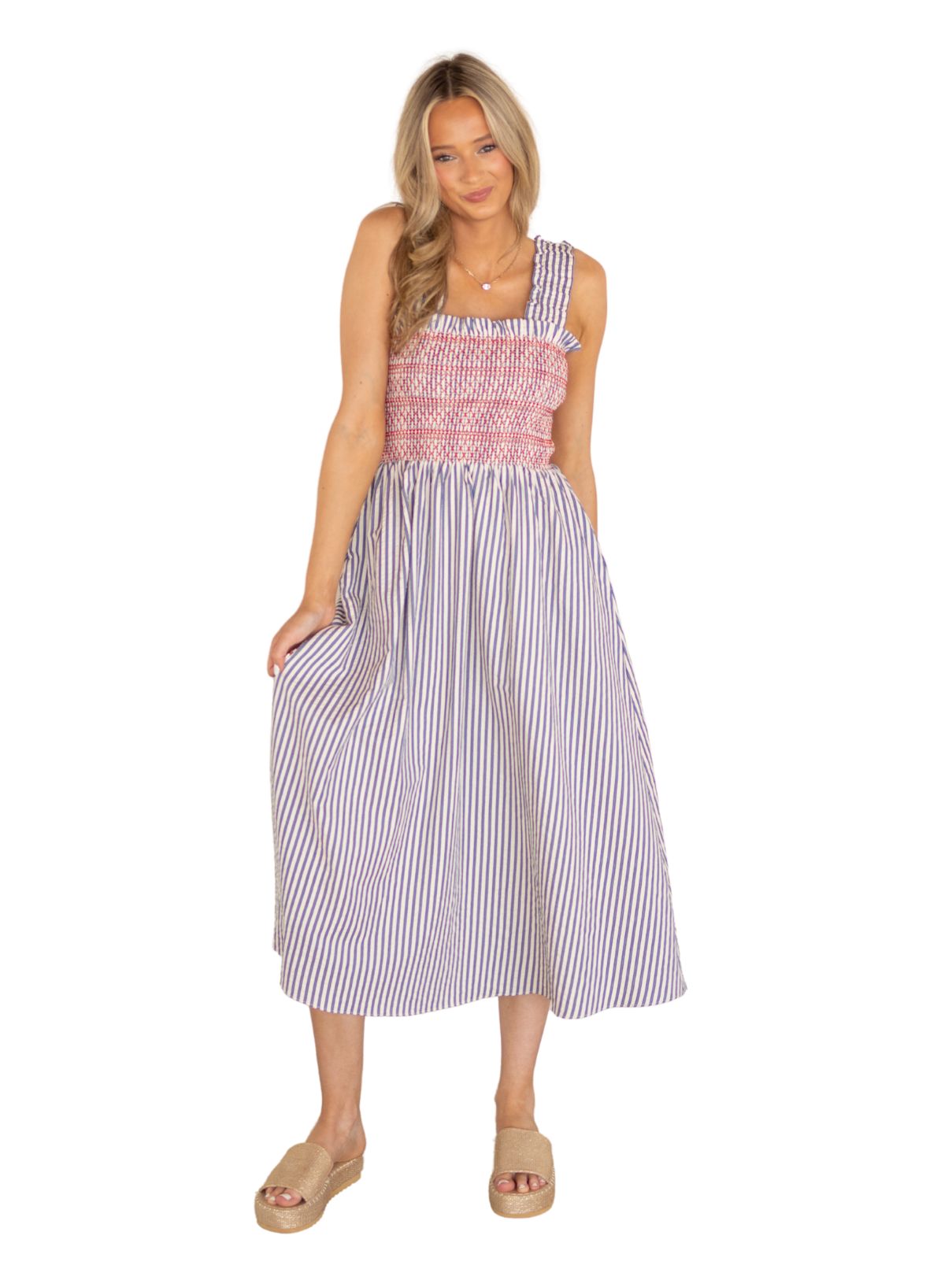 THML Strapped Stripe Dress in Red & Blue