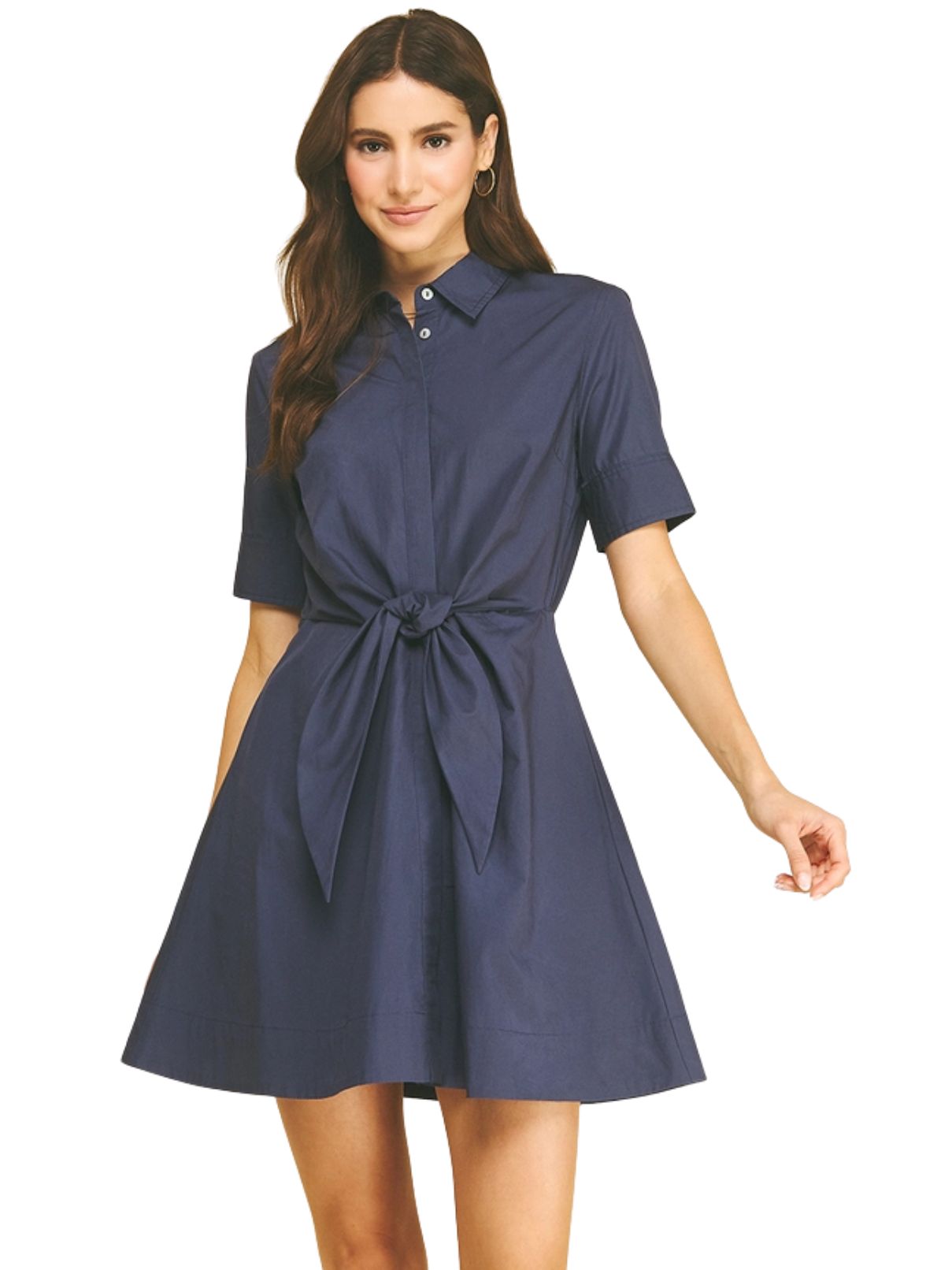 Tie-Front Button Down Mini Dress in Navy