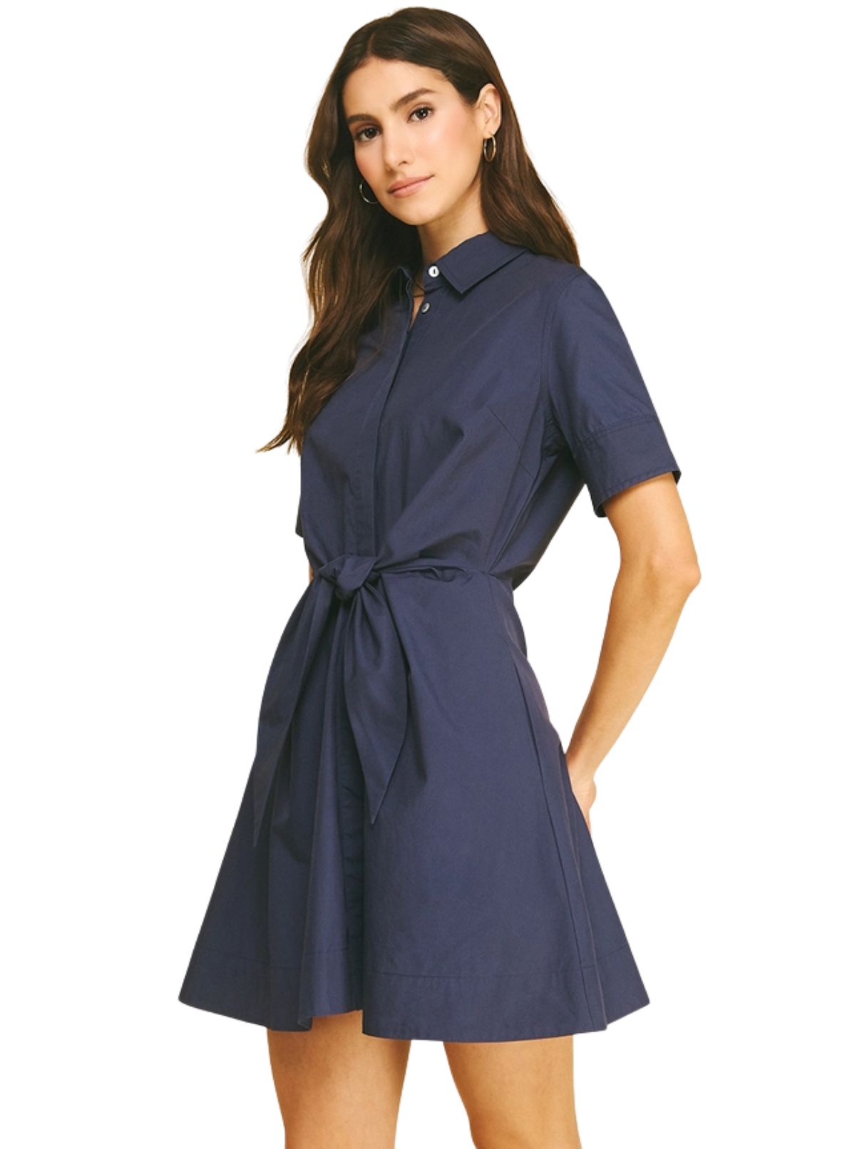 Tie-Front Button Down Mini Dress in Navy