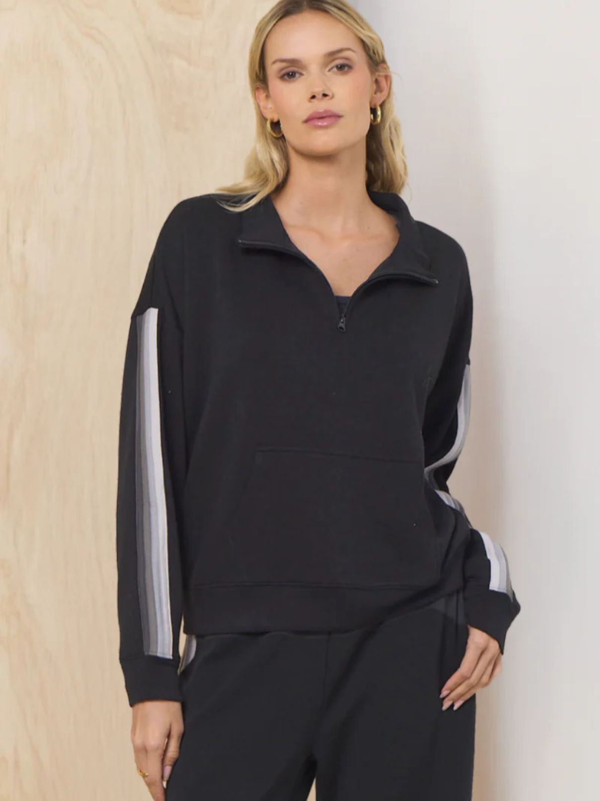 Vintage Havana Striped Quarter Zip Cloud Fleece in Black