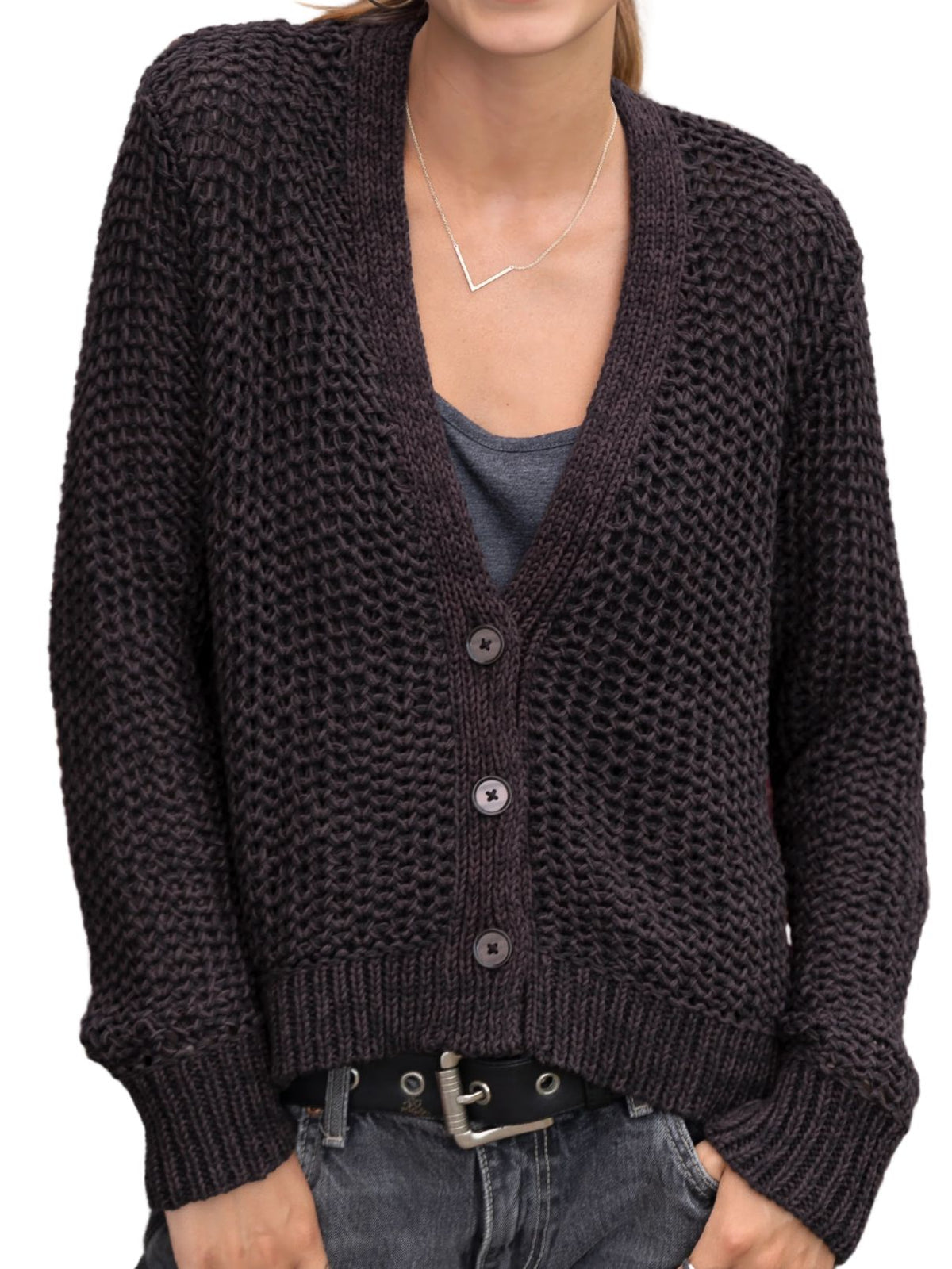 Wooden Ships Aliana Marled Button V Cardigan – Black/Chocolate Ale Marl