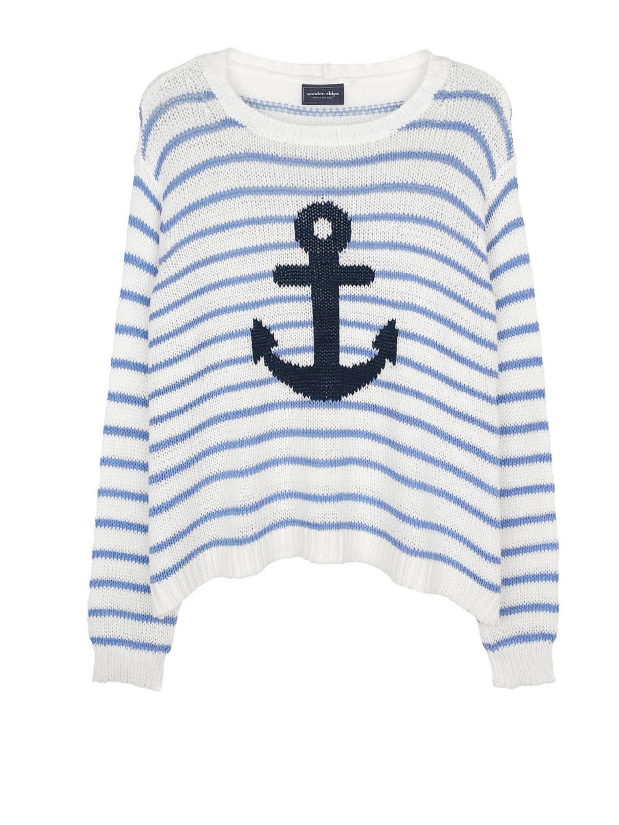 Wooden Ships Anchor Striped Cotton Crew Sweater in White/Blue/Navy