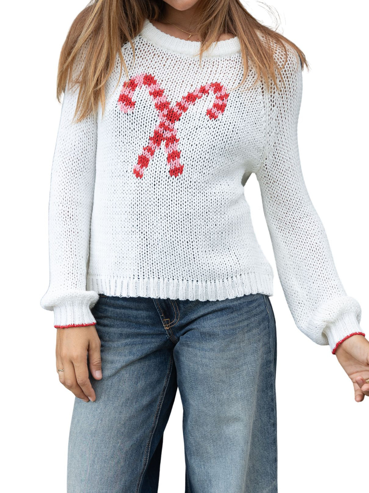 Wooden Ships Candy Cane Crew Chunky Cotton Sweater in White/Red/Pretty Pink